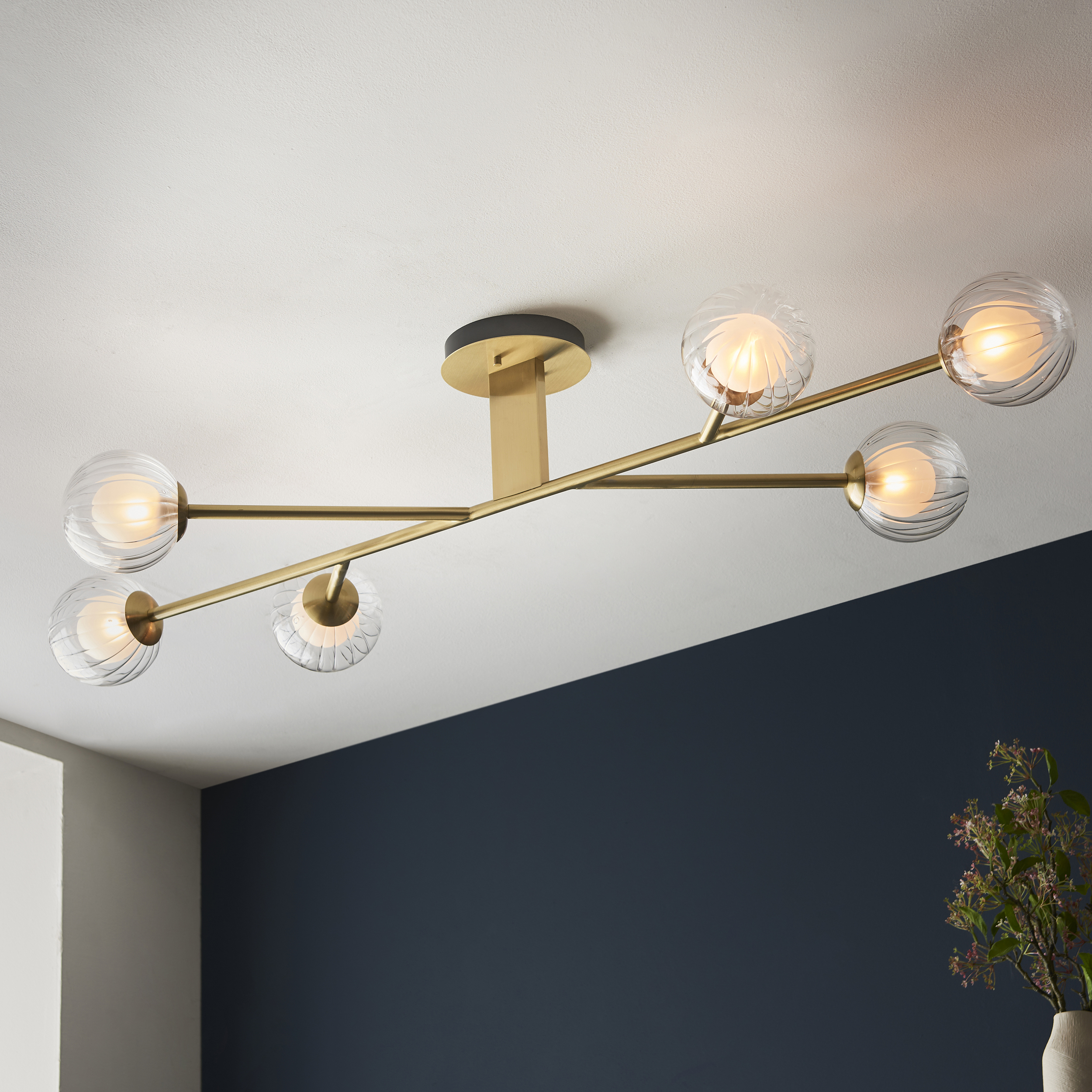 Eros Ceiling Light, 6 Lamp Semi Flush, Brass, Glass, 120.5cm