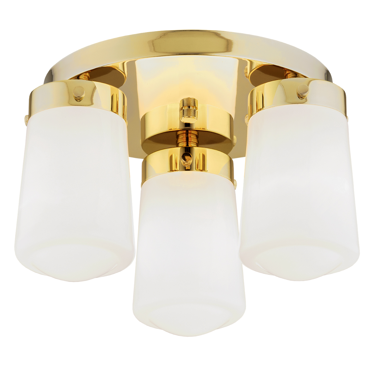 Adena IP44 Brass Ceiling Light, Opal White Shades, 3 Light, 36cm Width