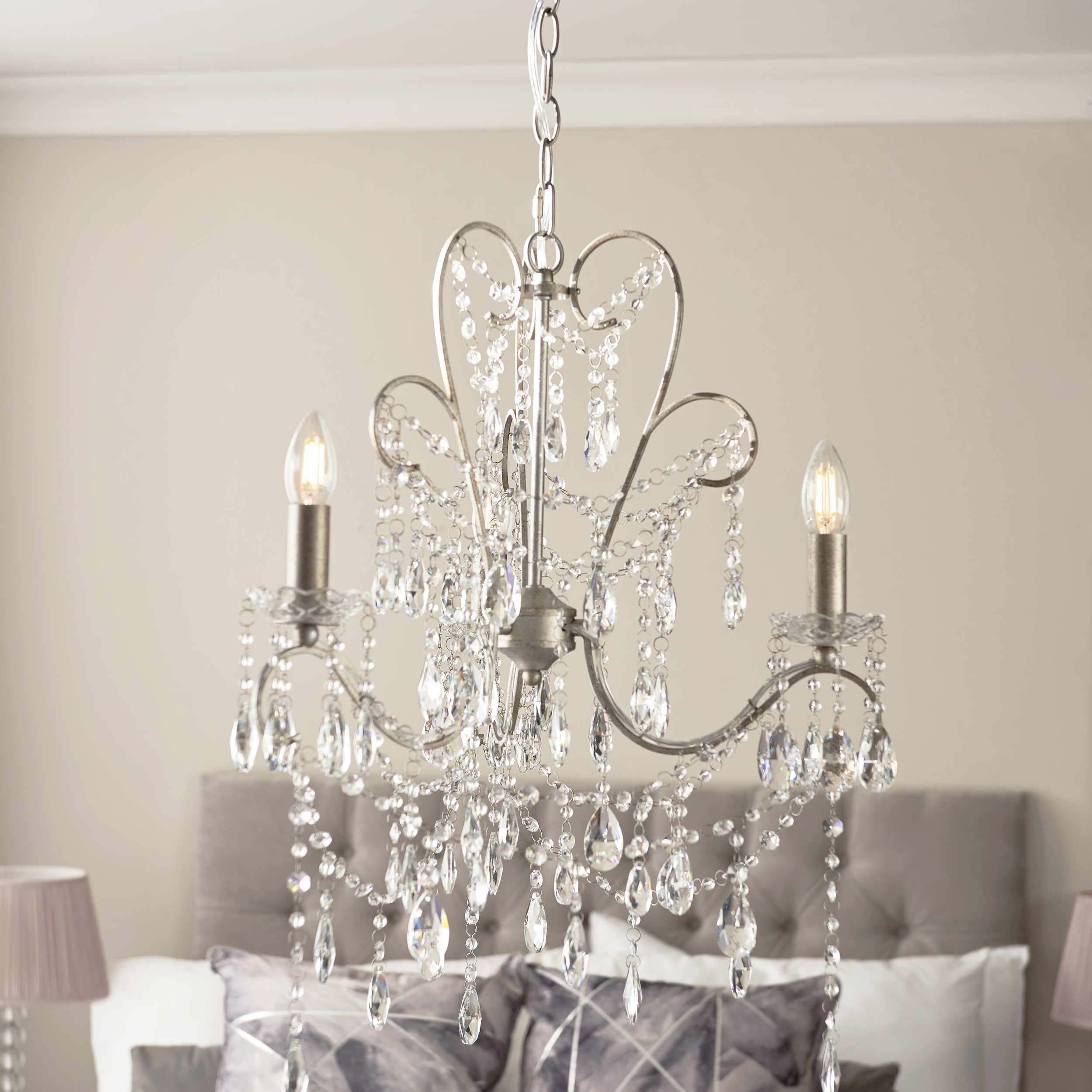 Pique Chandelier, 3 Lamp, Aged Silver, Crystal Glass, 52cm