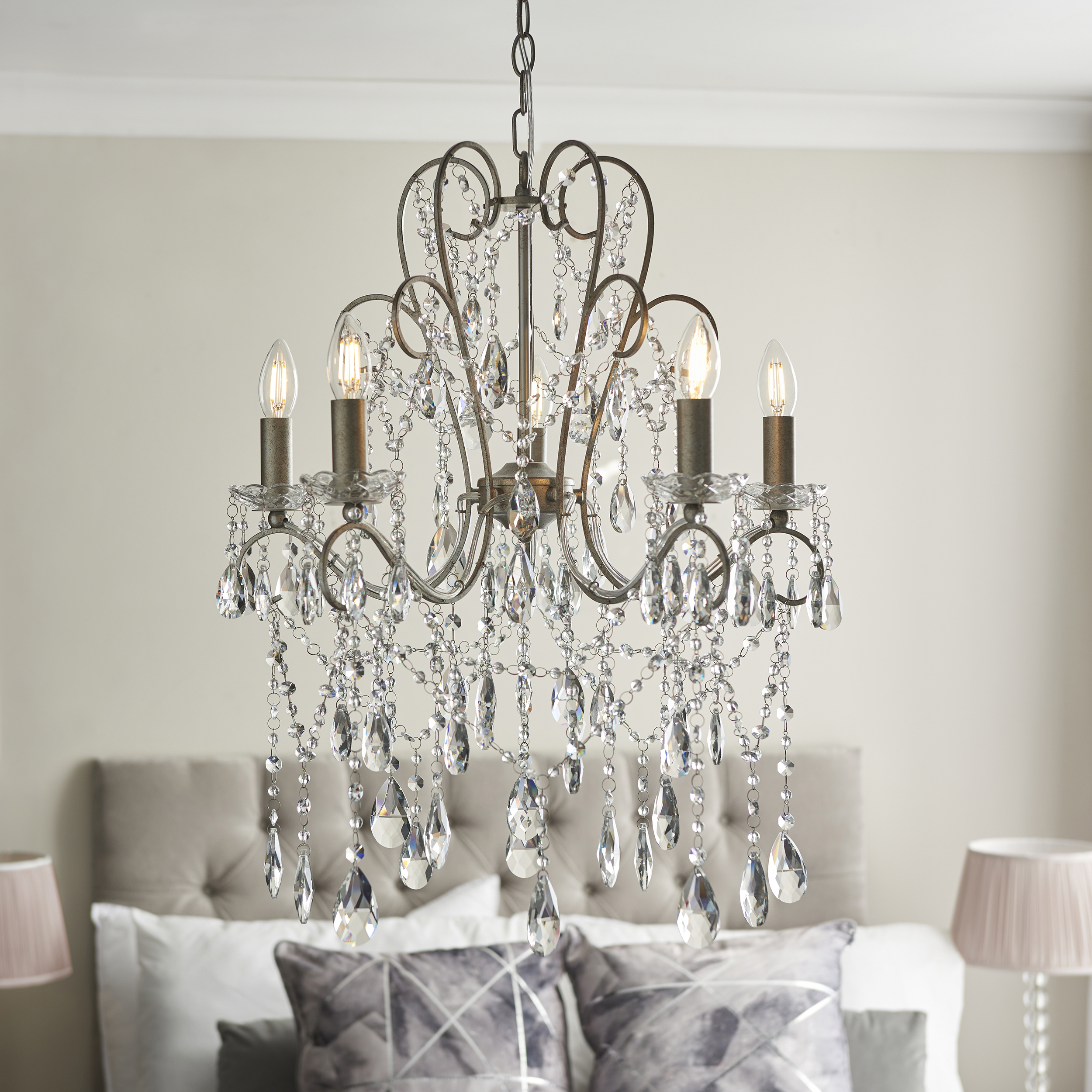 Pique Chandelier, 5 Light, Aged Silver, Crystal Glass, 54cm
