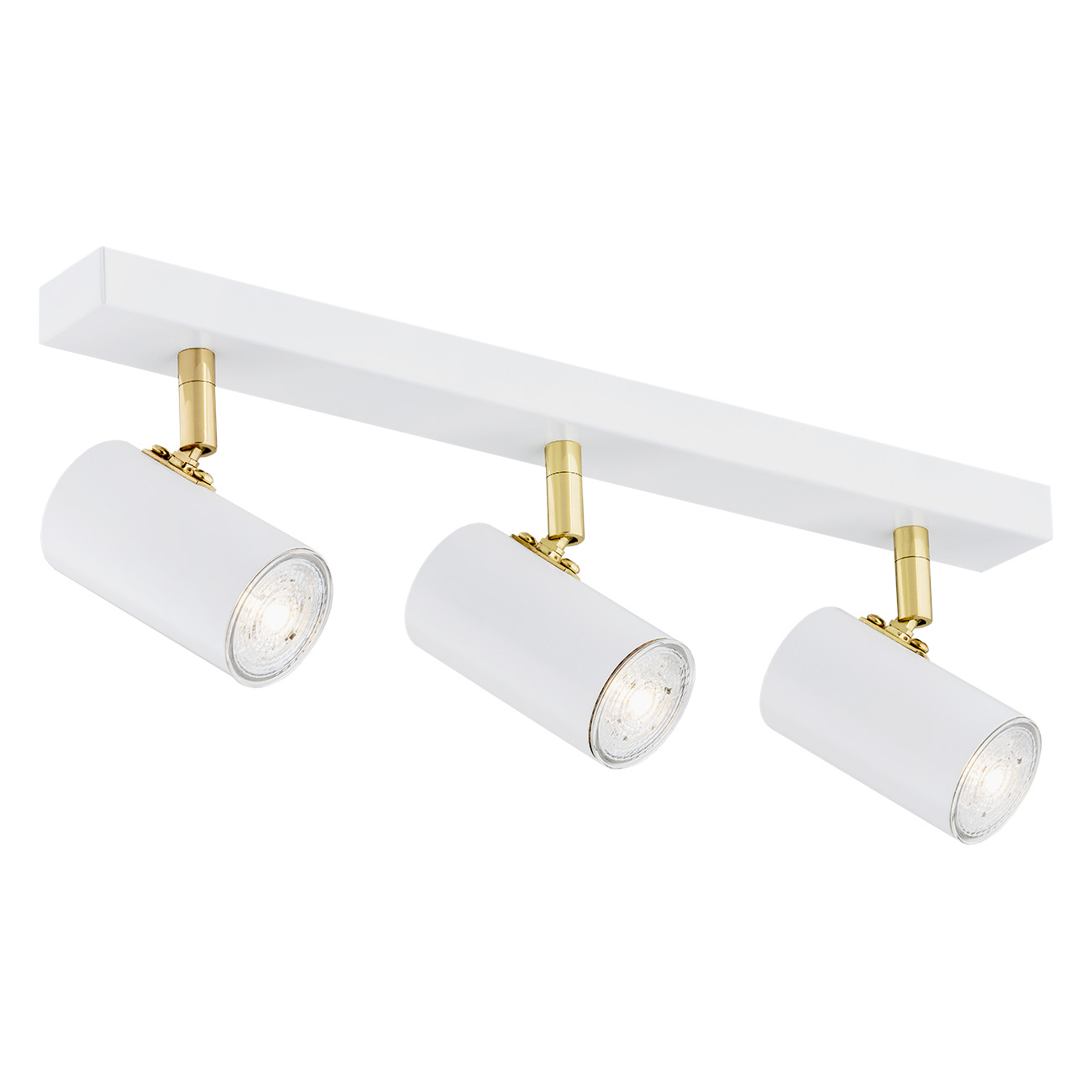 Agos 3 Light White Adjustable Ceiling Spotlight, Brass Rods, 44cm Wide