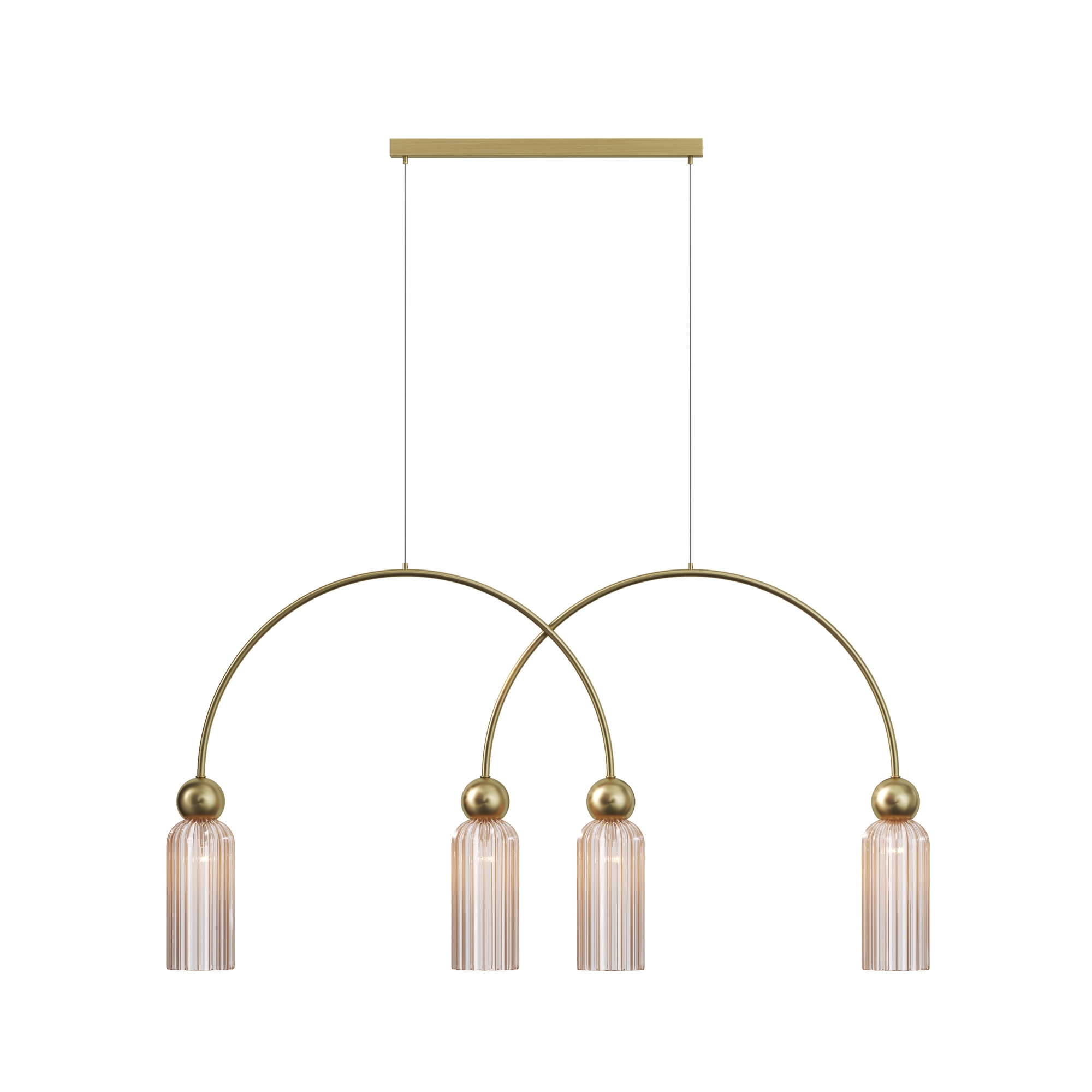 Antic Curved Pendant Lamp, 4 Light, Cognac Glass, Gold Metal, 1100cm Length
