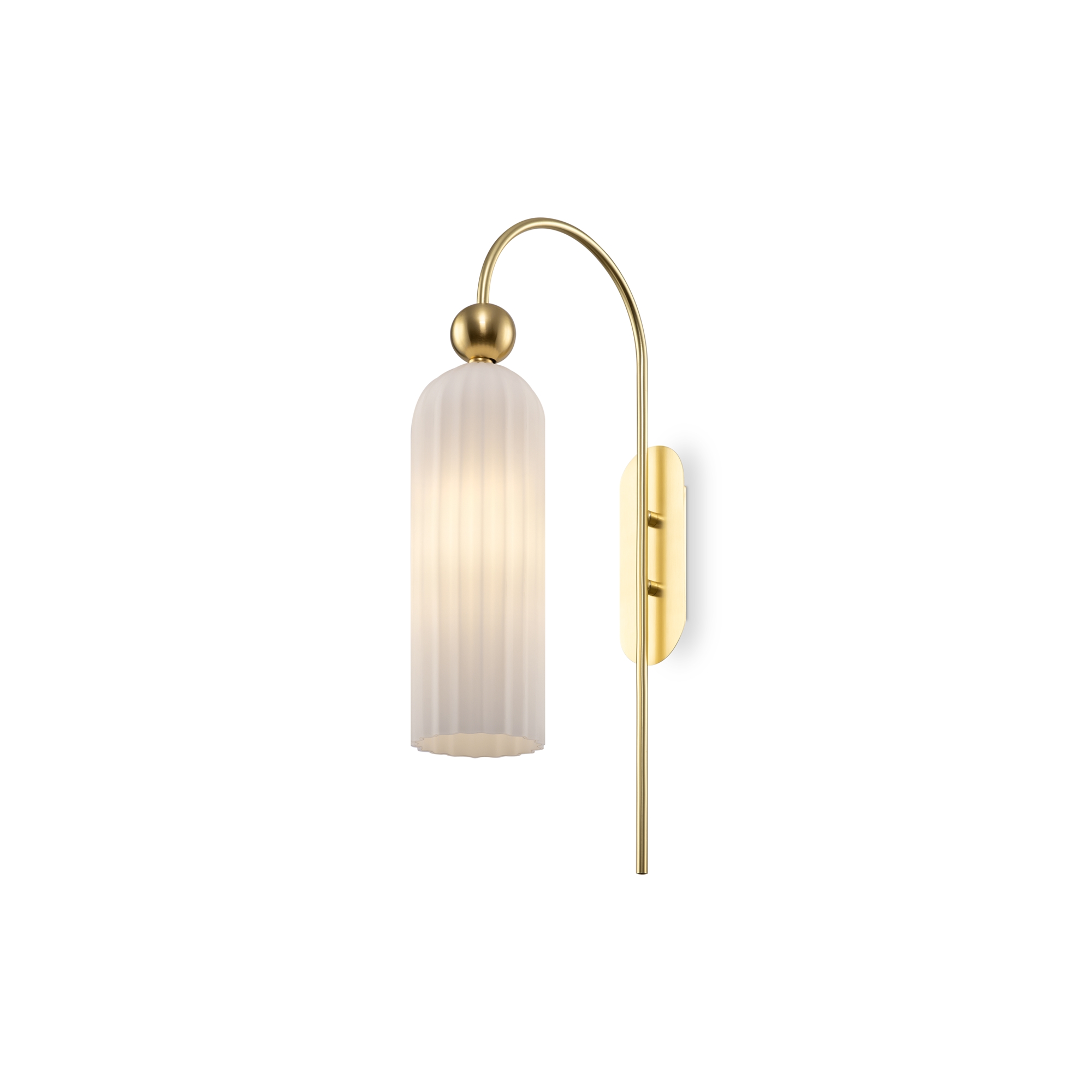 Antic Curved Swan Neck Gold Wall Light, White Cylinder Glass, 1 Light, 53.5cm Height