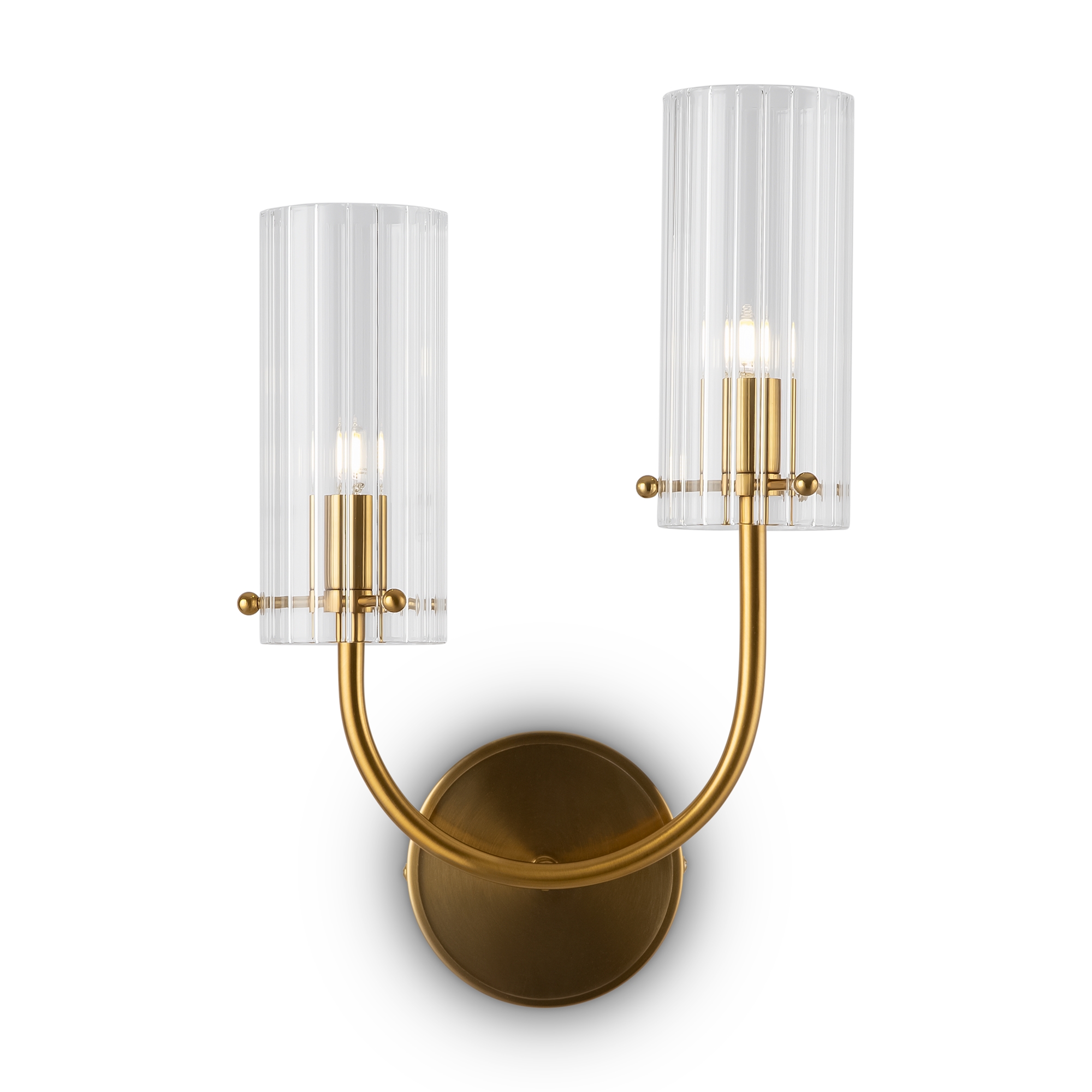 Arco Left Brass Wall Light, Clear Ribbed Glass, 2 Lamp, 25cm Wide