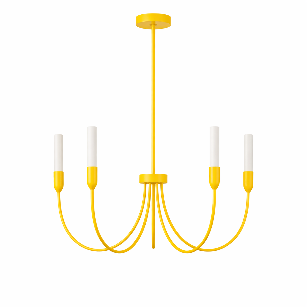 Argust 5 Arm Chandelier, Yellow Steel, White Glass Shades, 48cm Diameter