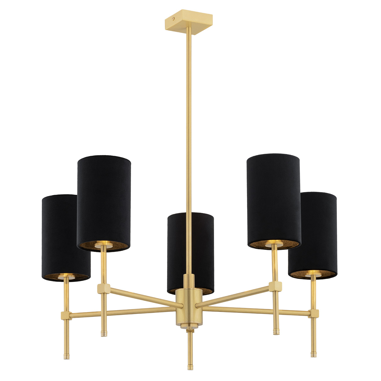 Aruzzo Chandelier, 5 Light, Brushed Brass, Black Fabric Shades, 70cm