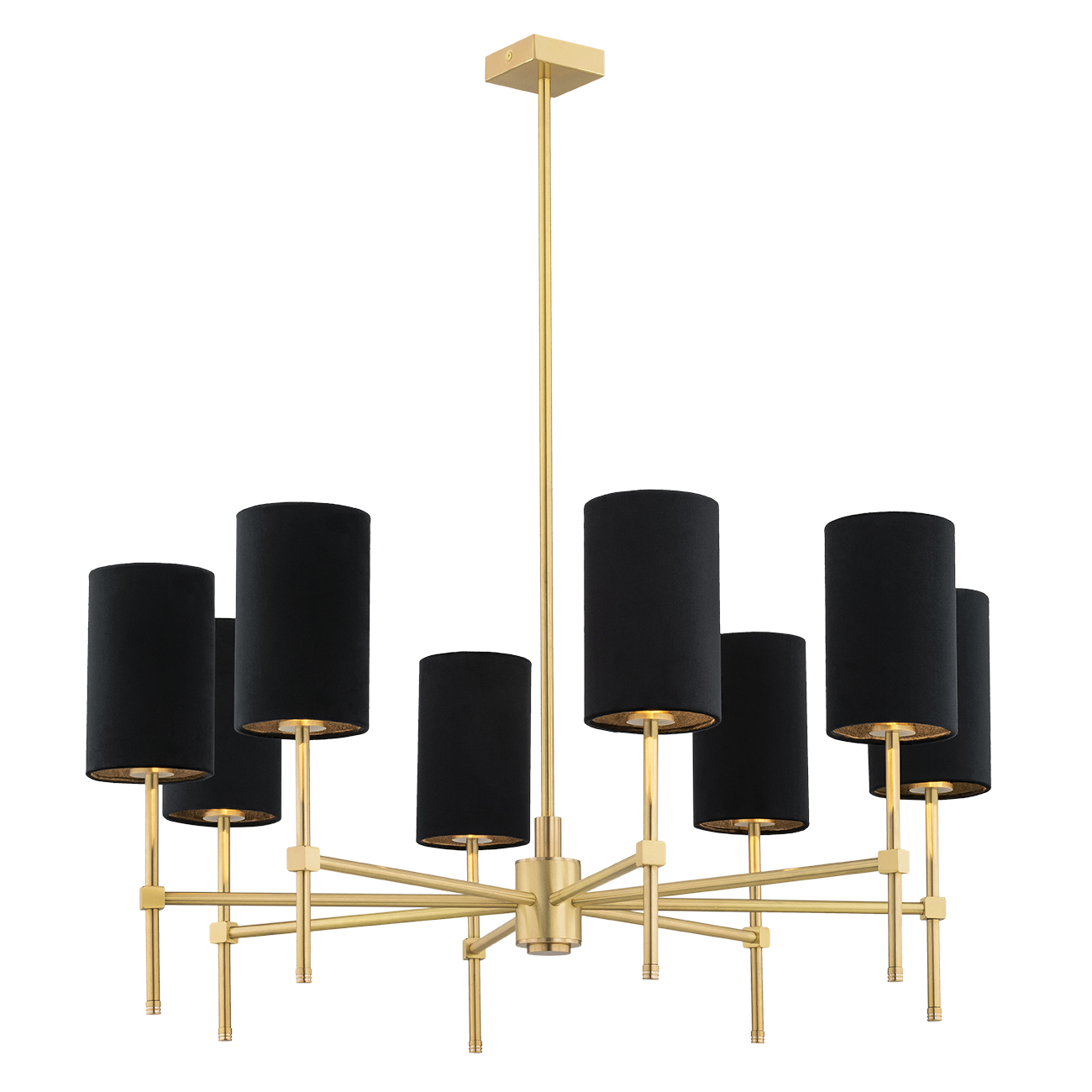 Aruzzo Chandelier, 8 Lamp, Brushed Brass, Black Shades, 86cm