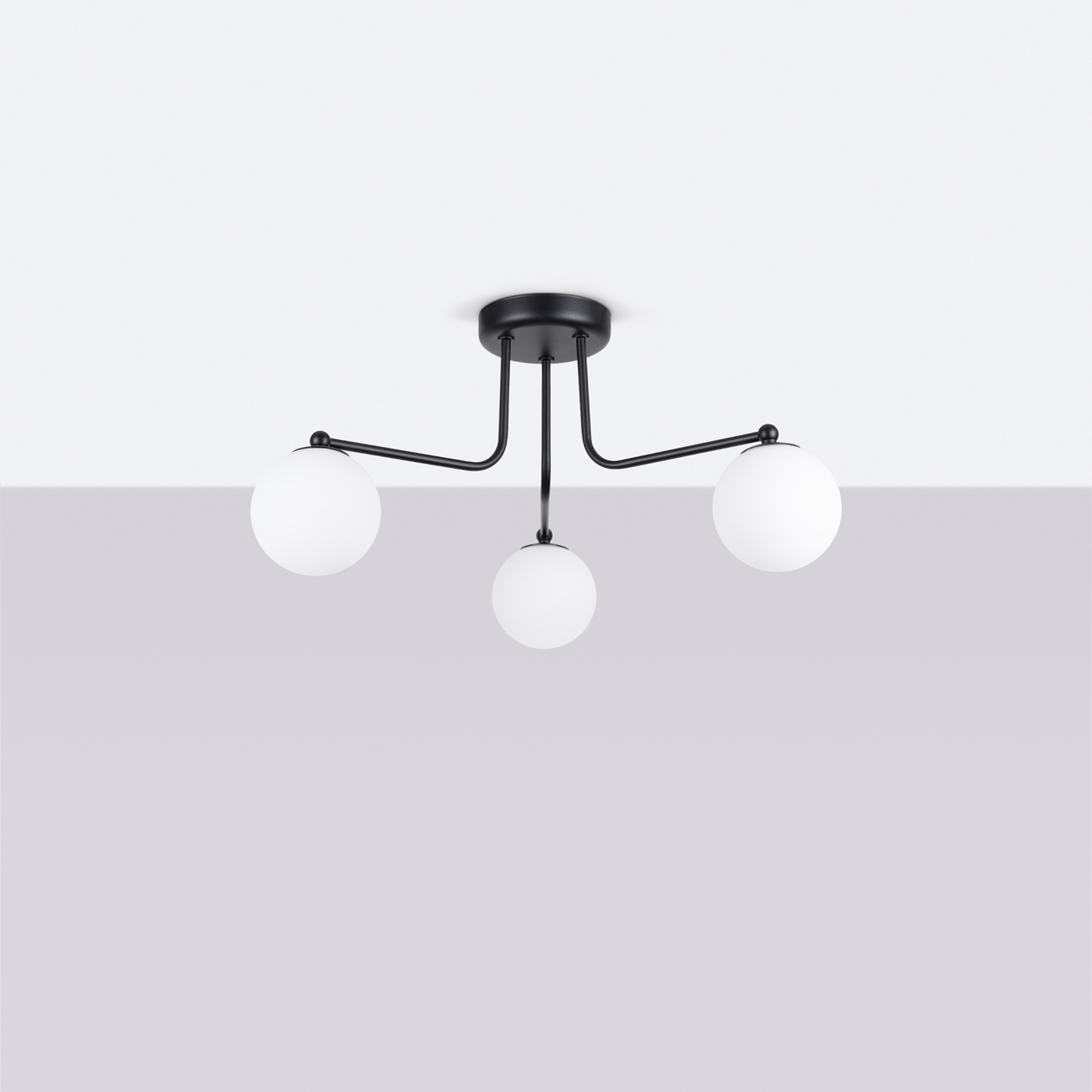 Aztrale 3 Lamp Ceiling Light, Semi Flush, Black Metal. White Glass Globes, 62cm Width