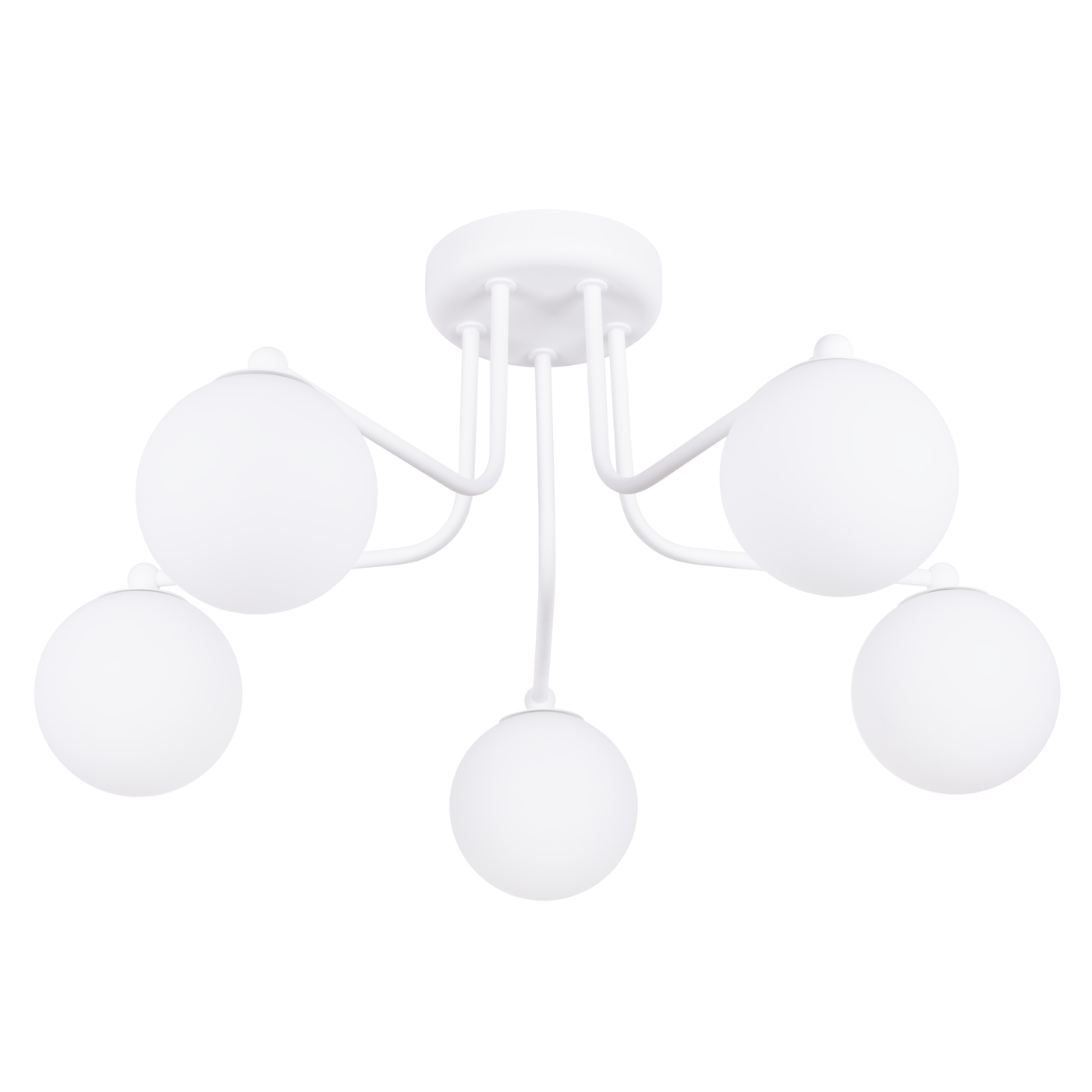Aztrale 5 Lamp Ceiling Light, Semi Flush, White Metal. White Glass Globes, 64cm Width