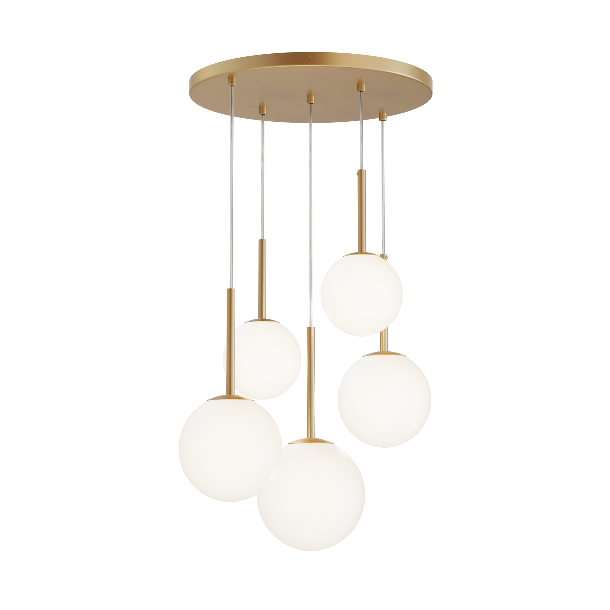 Basic Form Gold Multi Drop Pendant Light, 5 Light, Opal Glass, 58cm Wide