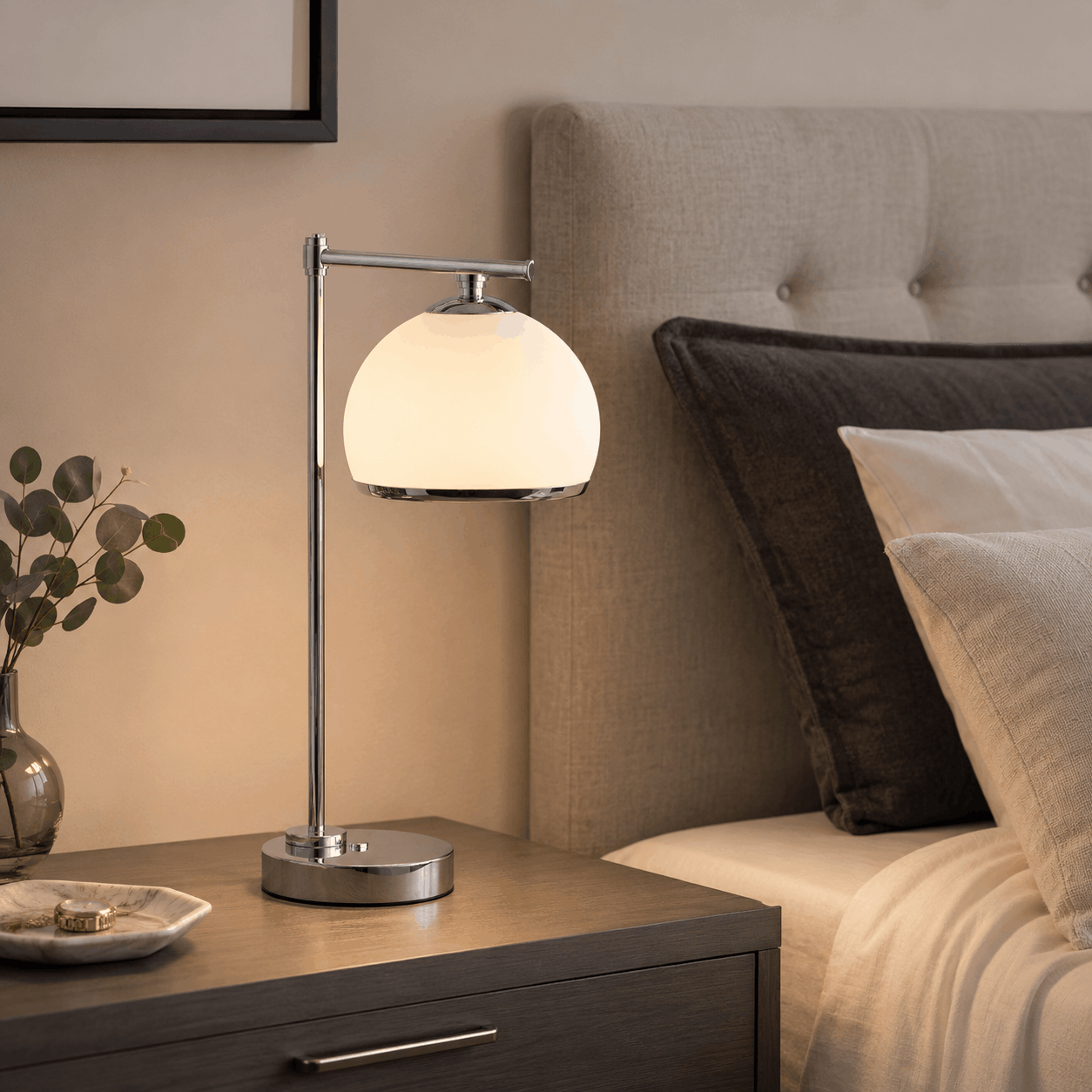Bella Chrome Table Lamp, Opal Glass Shade, 1 Lamp, 47cm Height