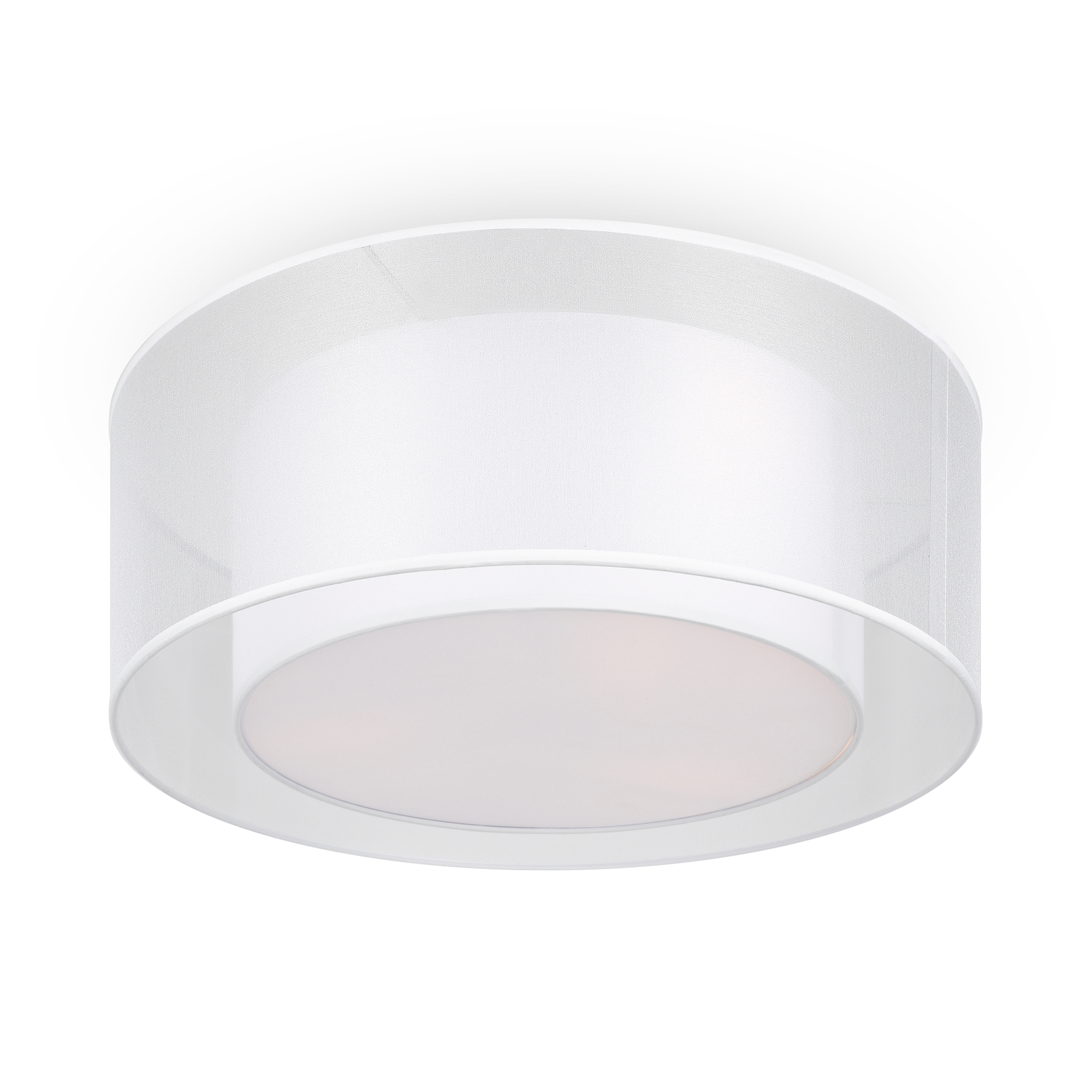 Bergamo Clear & White Ceiling Light, Fabric Drum Shades, 3 Lamp, 52cm Wide