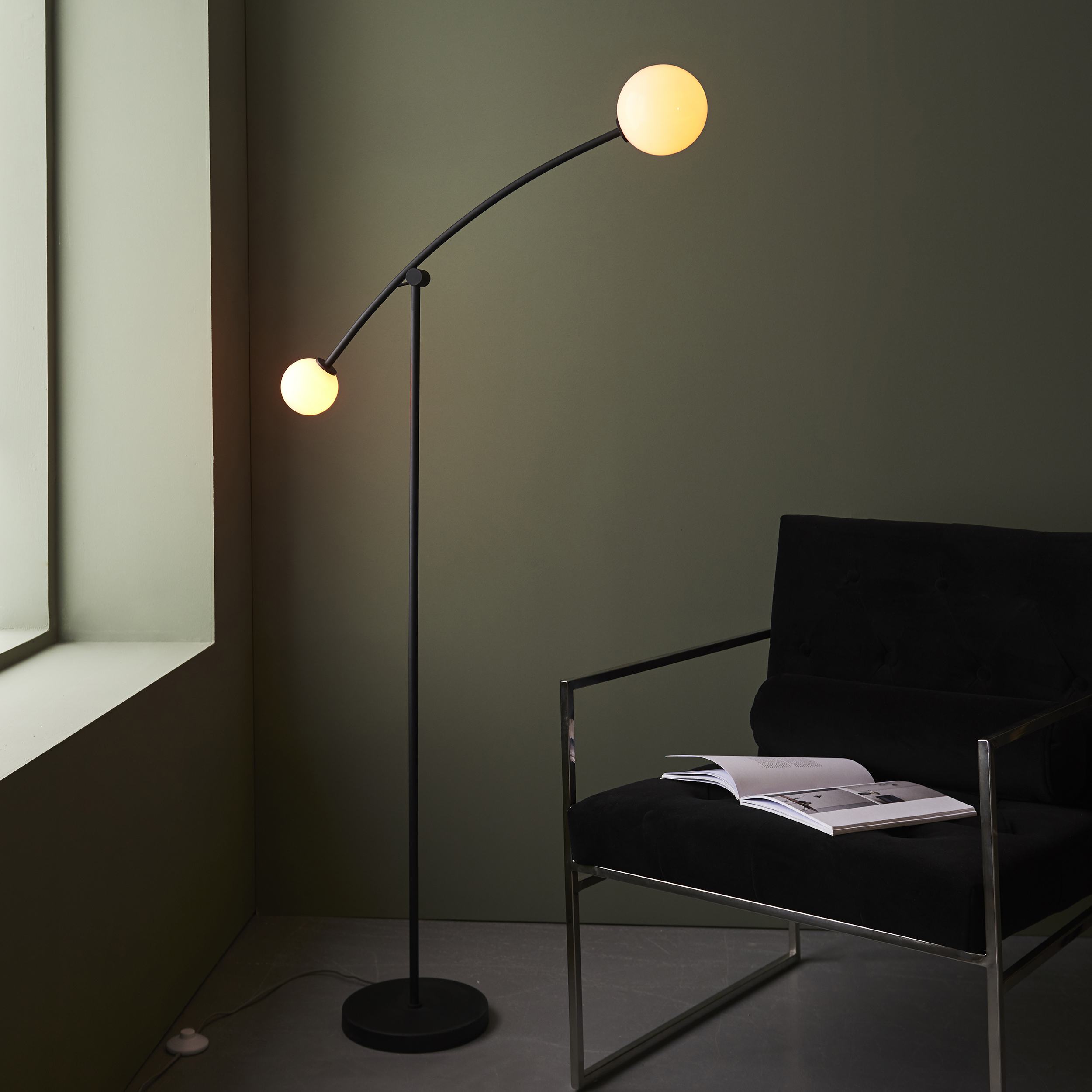 Mallo Floor Lamp, Black, 2 Light, Opal Glass