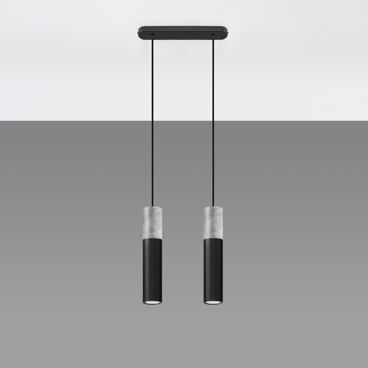 Borgeno 2 Lamp Bar Pendant Light, Concrete & Black Metal, 30cm Length