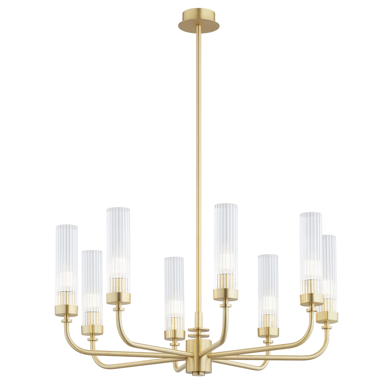 Brezton 8 Light Chandelier,Brushed Brass, Ribbed Glass, 65cm Wide