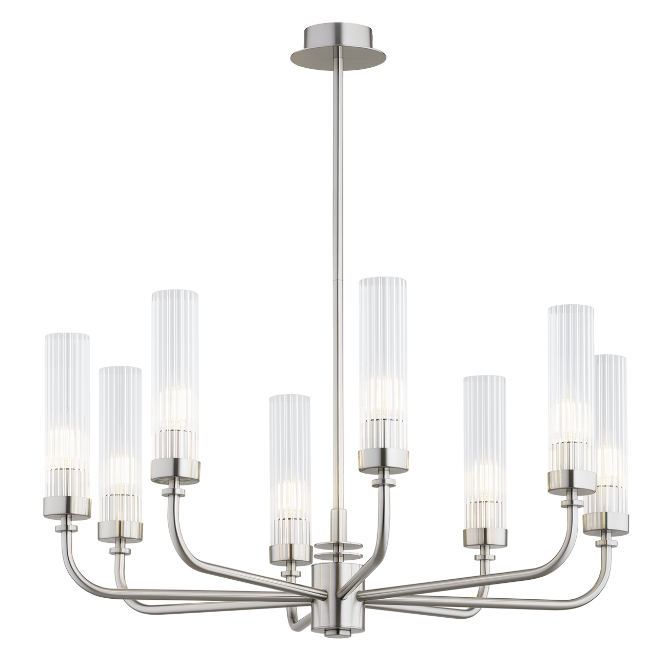 Brezton 8 Light Chandelier, Brushed Nickel, Ribbed Glass, Galvanised Steel, 65cm Wide