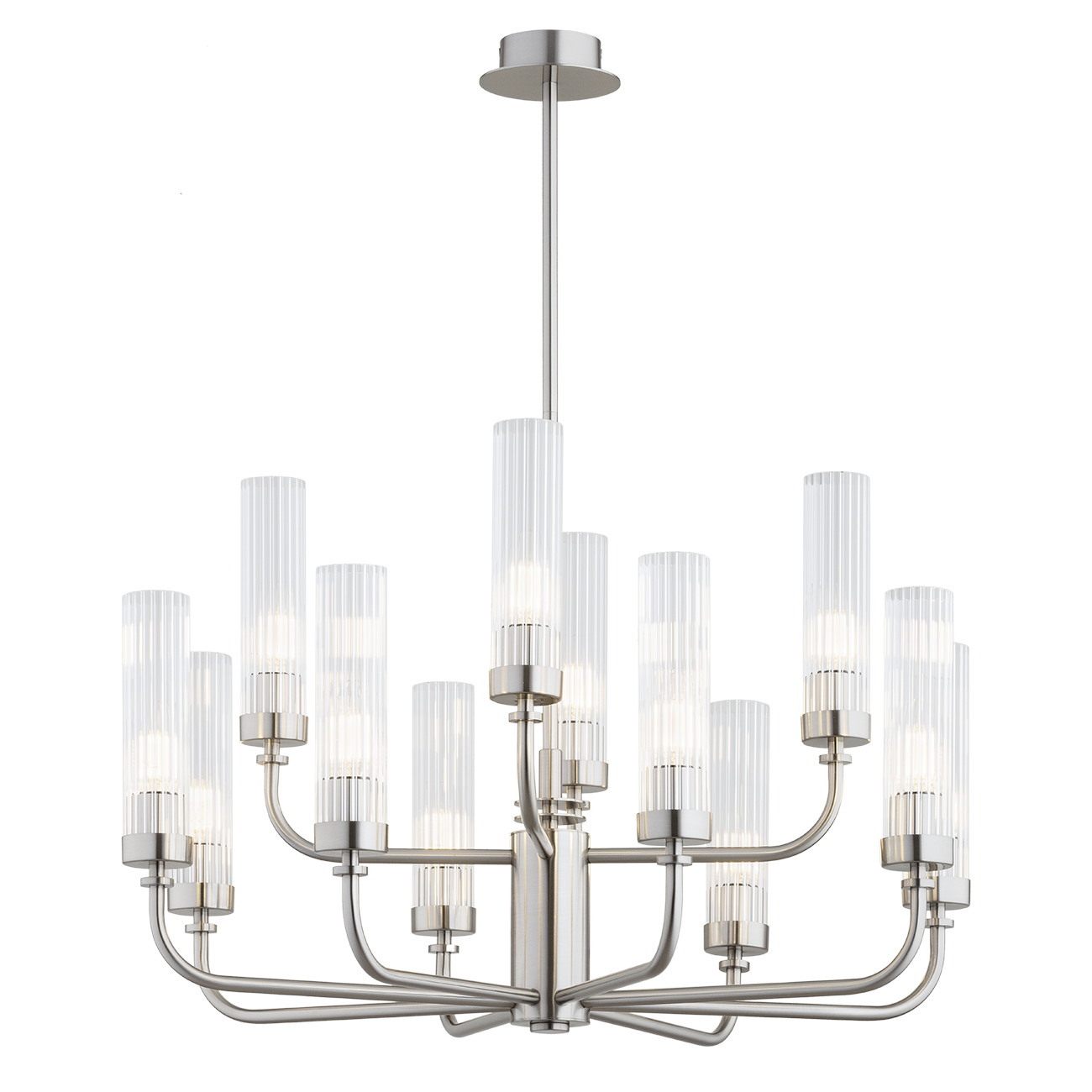 Brezton 12 Light Armed Chandelier, Brushed Nickel, Two Tiers, Ribbed Glass, 65cm Wide
