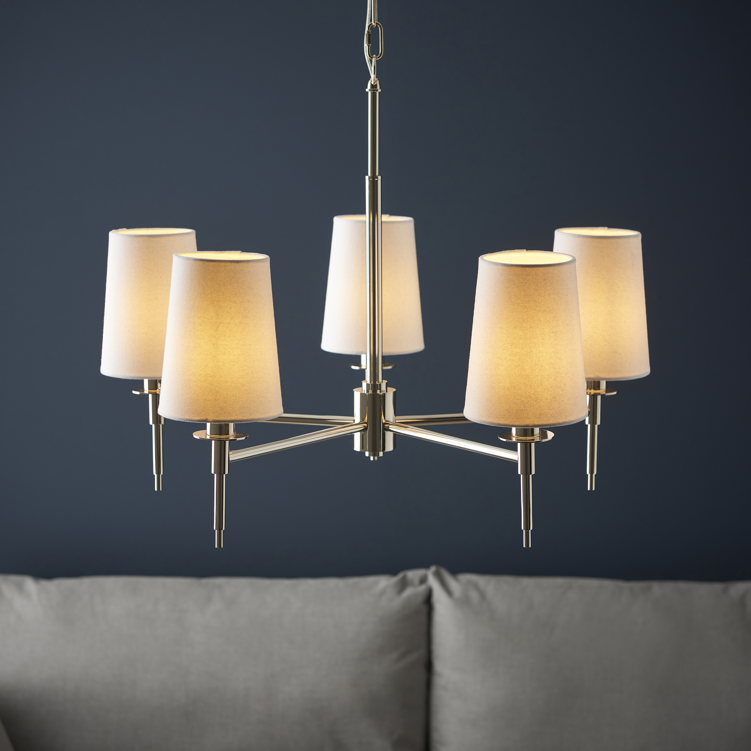 Lilt Chandelier, Chrome Nickel, 5 Arm, Vintage White Shades, 60cm