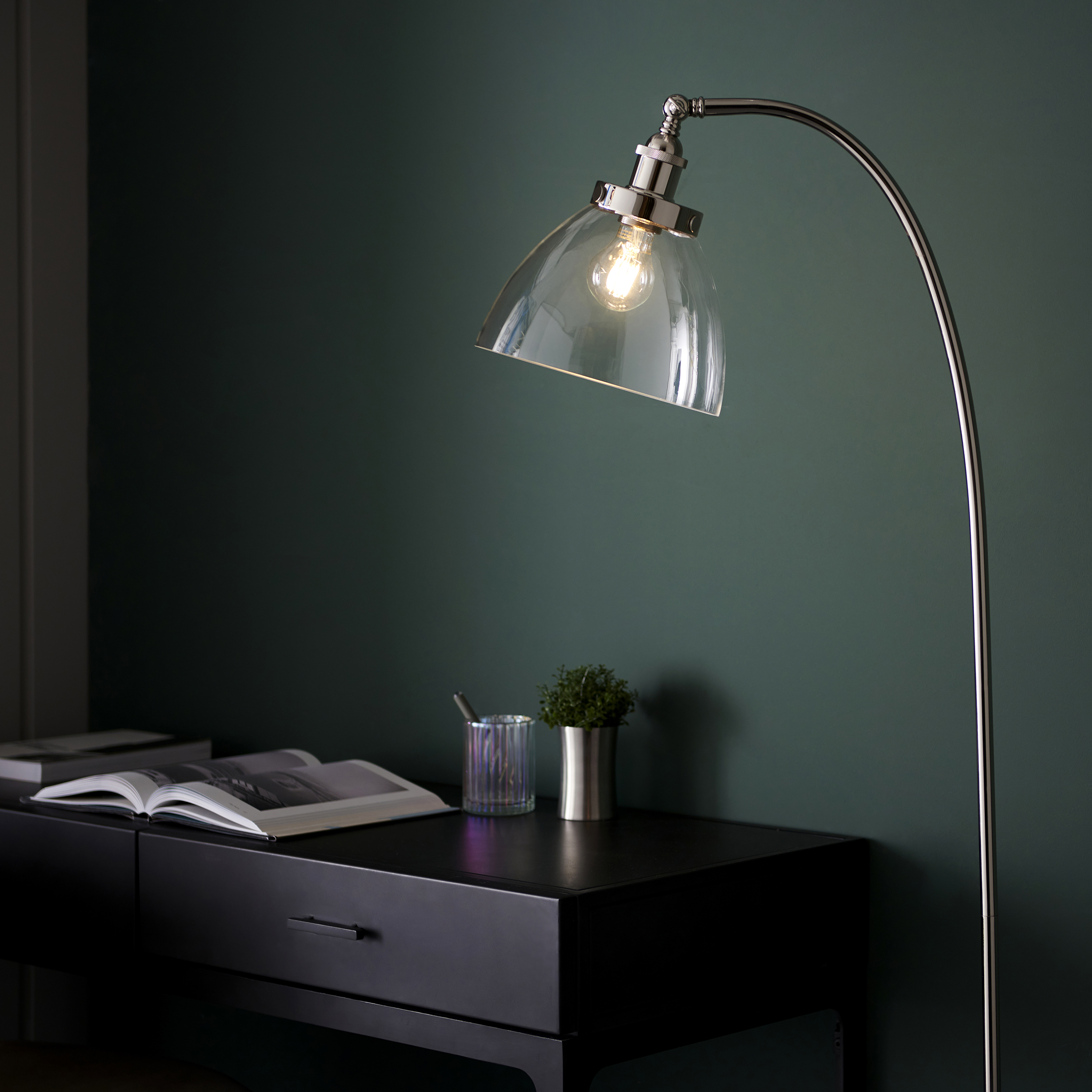 Ferri Floor Lamp, Polished Nickel, Clear Glass Shade
