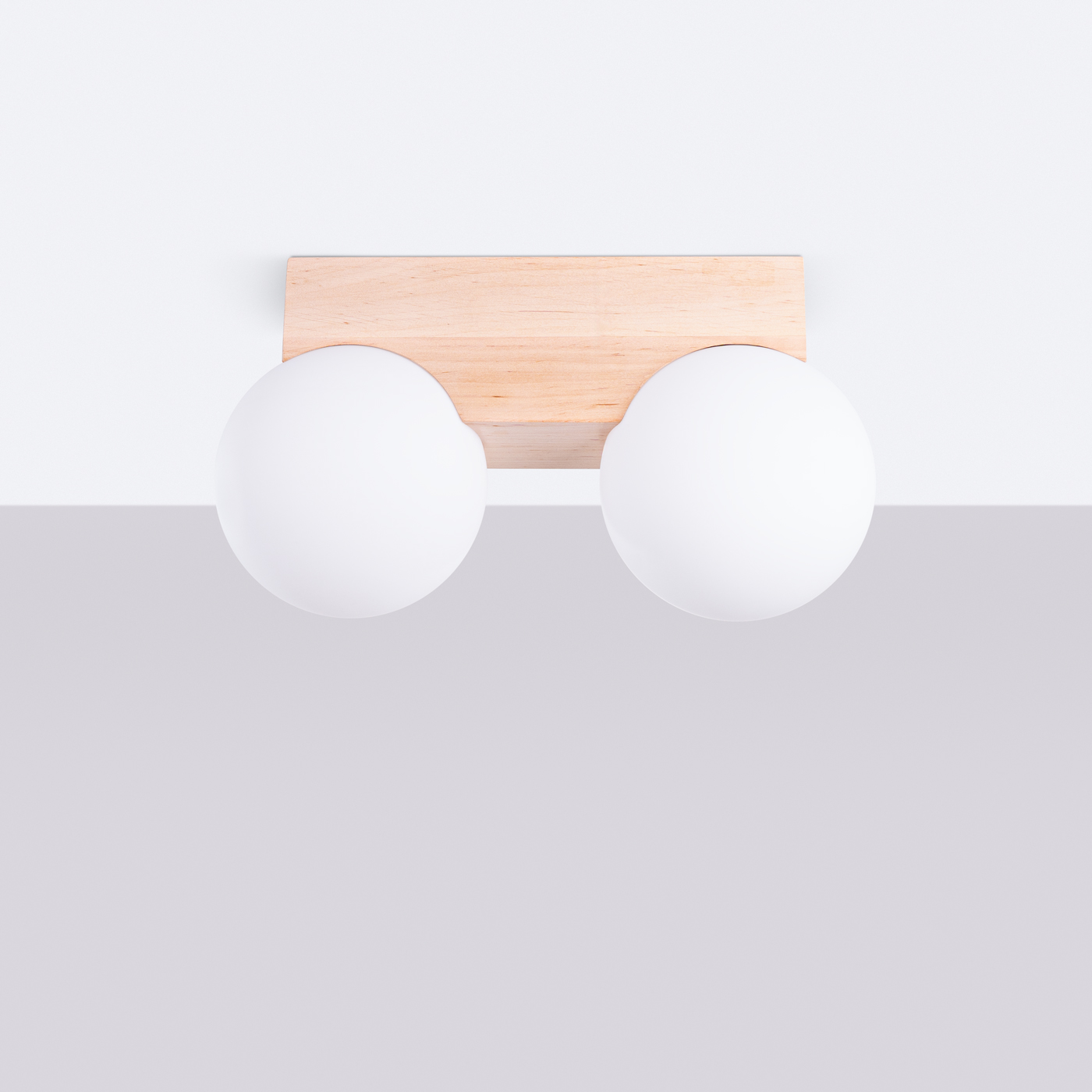 Lumbo 2 Lamp Ceiling Light, Natural Wood, White Glass Globes, 29cm Length