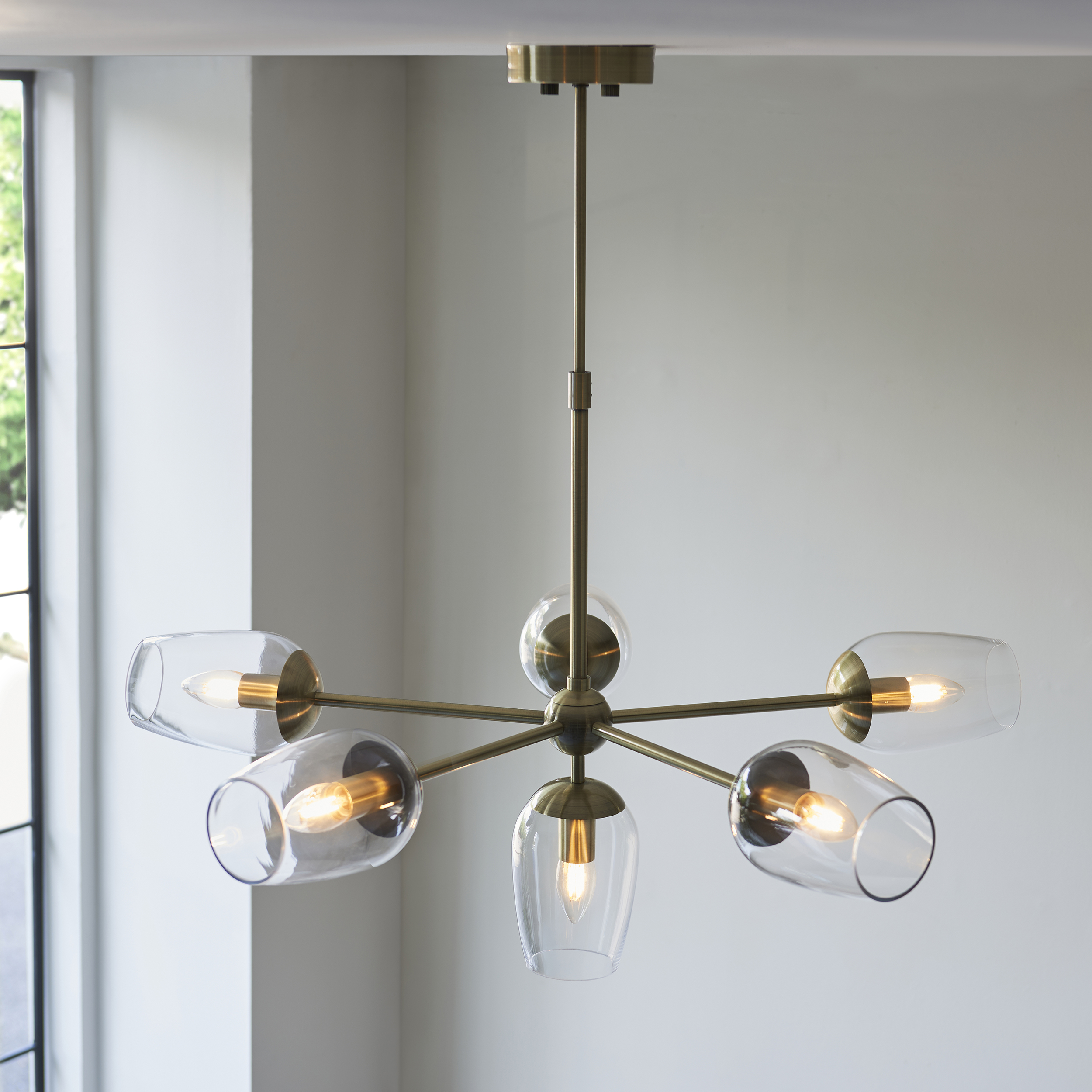 Lysander Ceiling Lamp, Antique Brass, Glass, 6 Light, 81cm