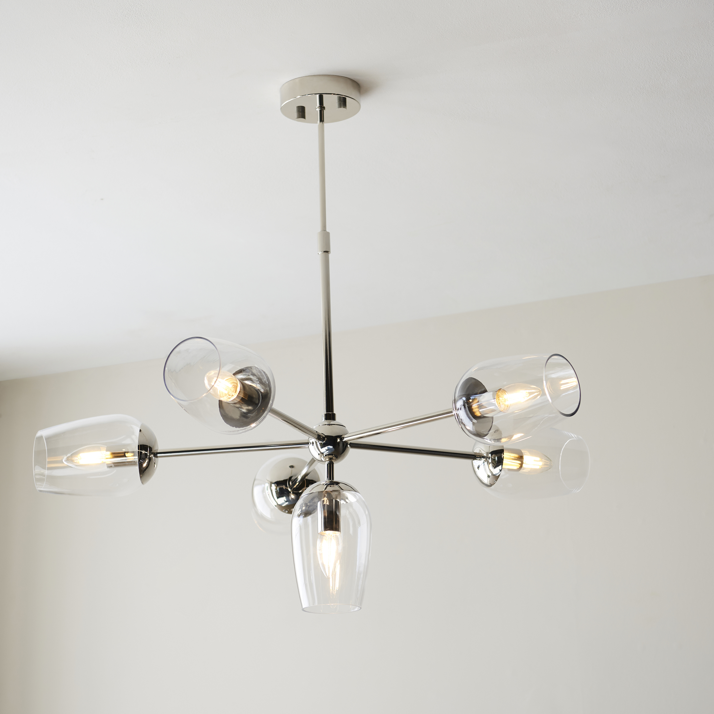 Lysander Ceiling Light, Nickel, Glass, 6 Lamp, 81cm