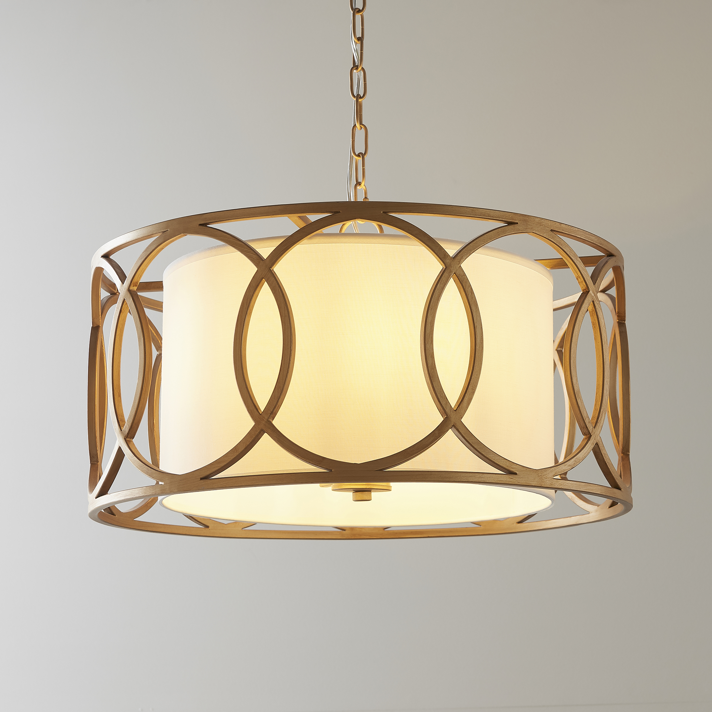 Volu Pendant Lamp, Gold Frame, White Drum Shade, 55cm