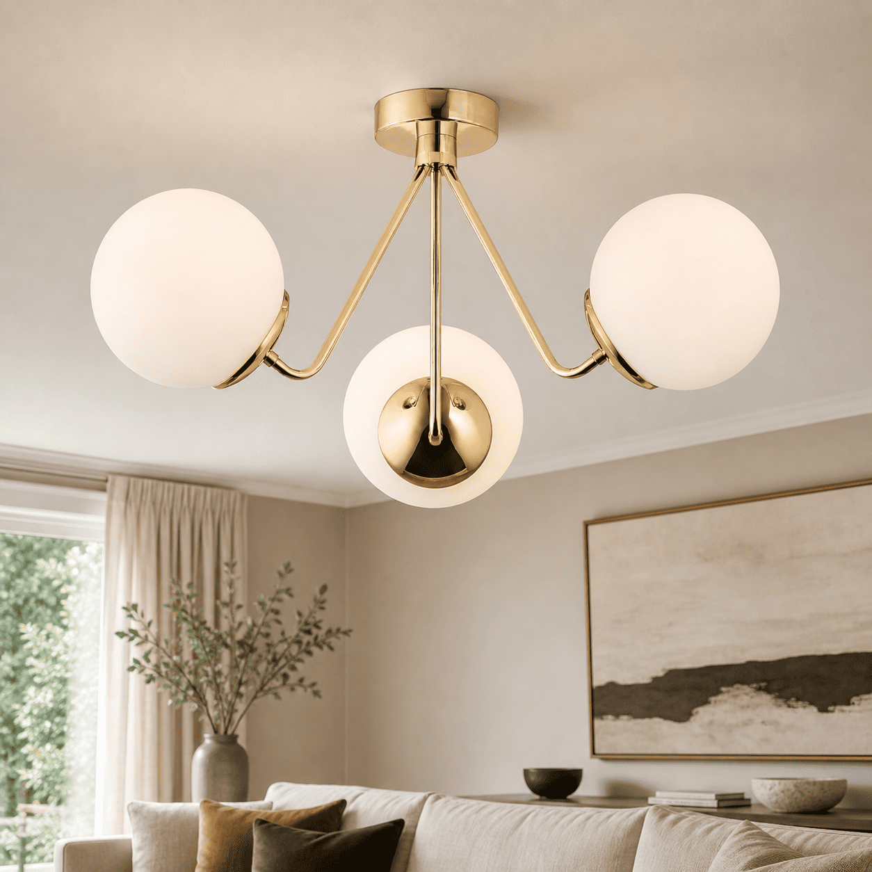 Tom Brass Semi Flush Ceiling Light, 3 Lamp, Metal, Opal Glass, 51cm Wide