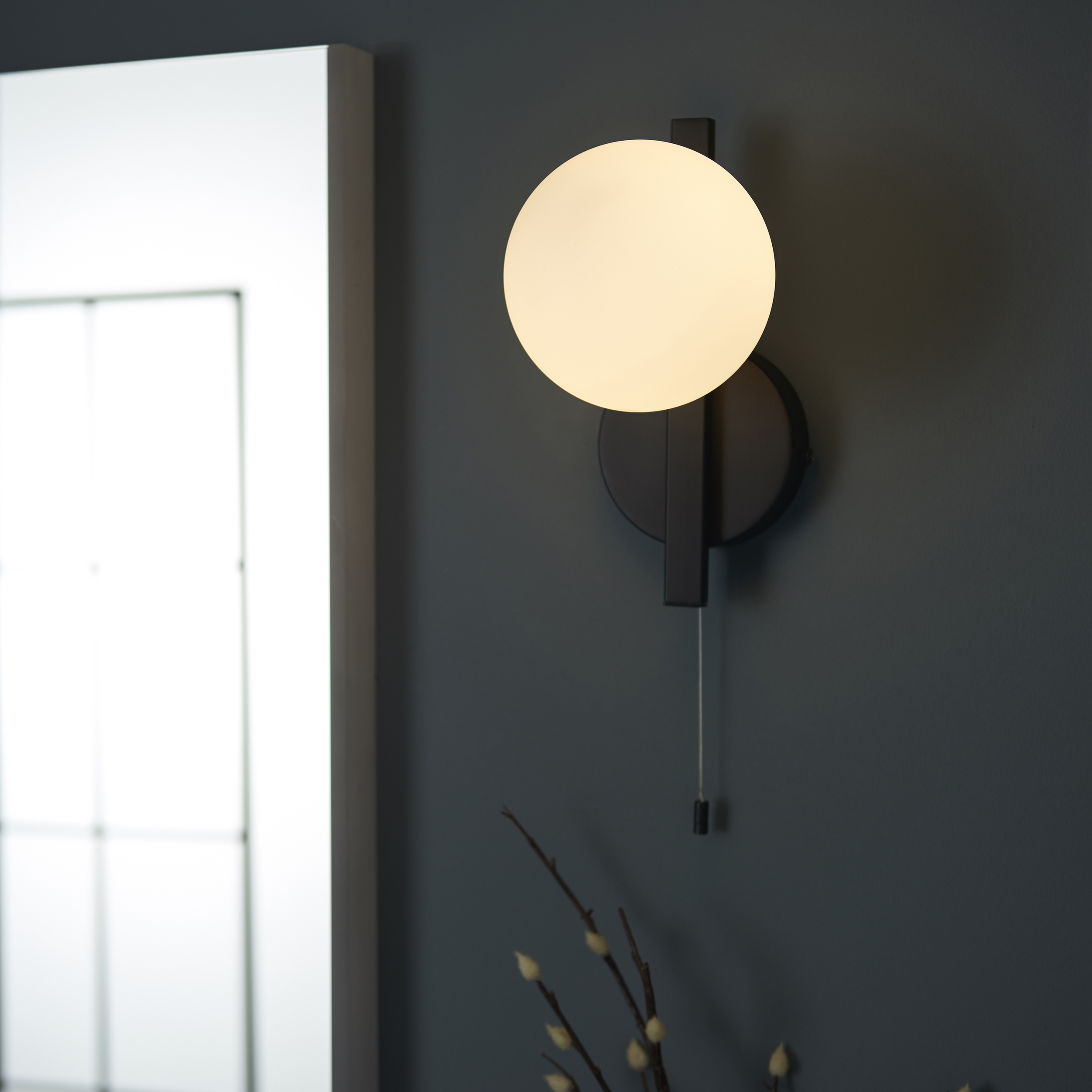Ando IP44 Wall Lamp, Black, Opal Glass, Pull Cord