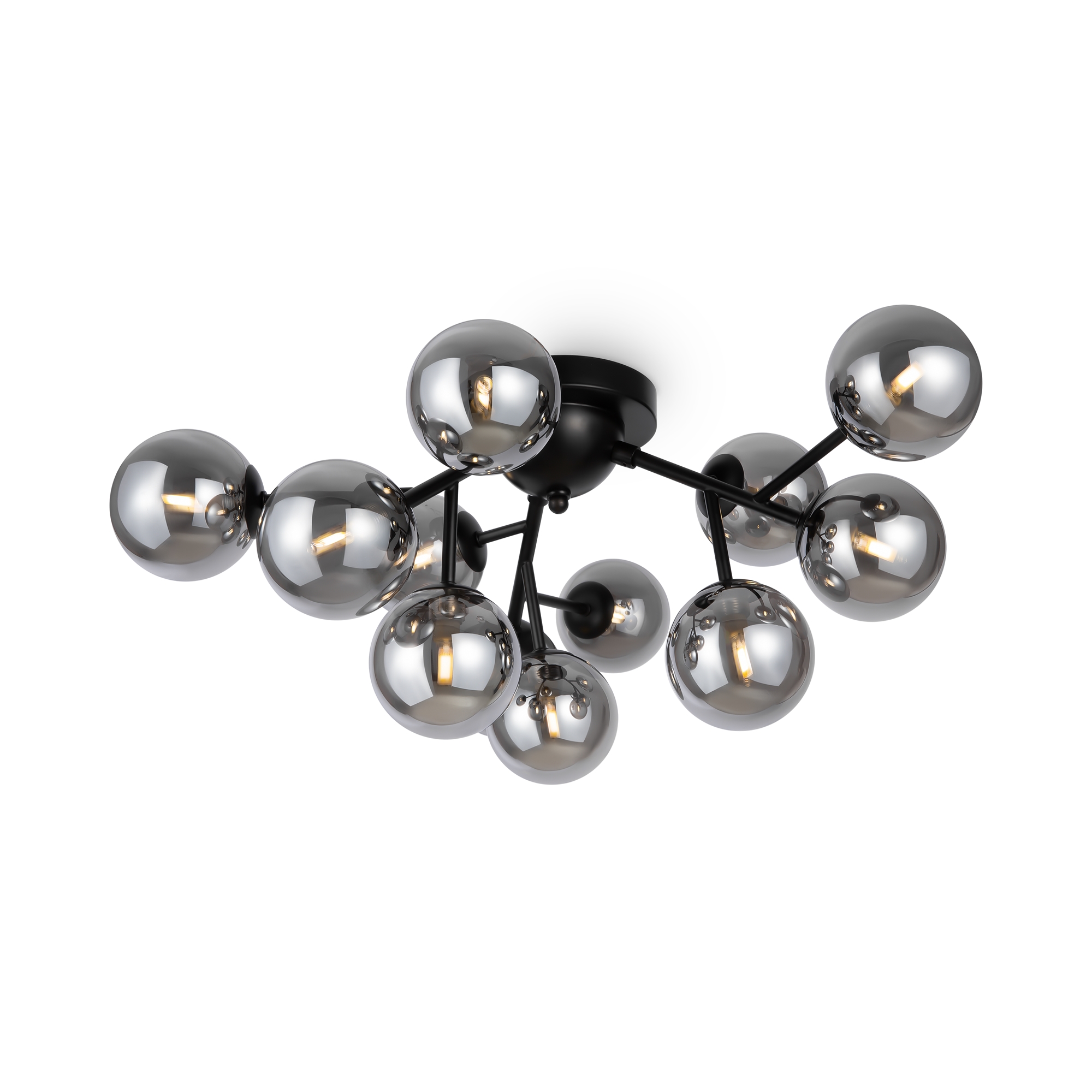 Dallas 12 Lamp Ceiling Light, Smoked Glass, Black Metal, 60cm Wide
