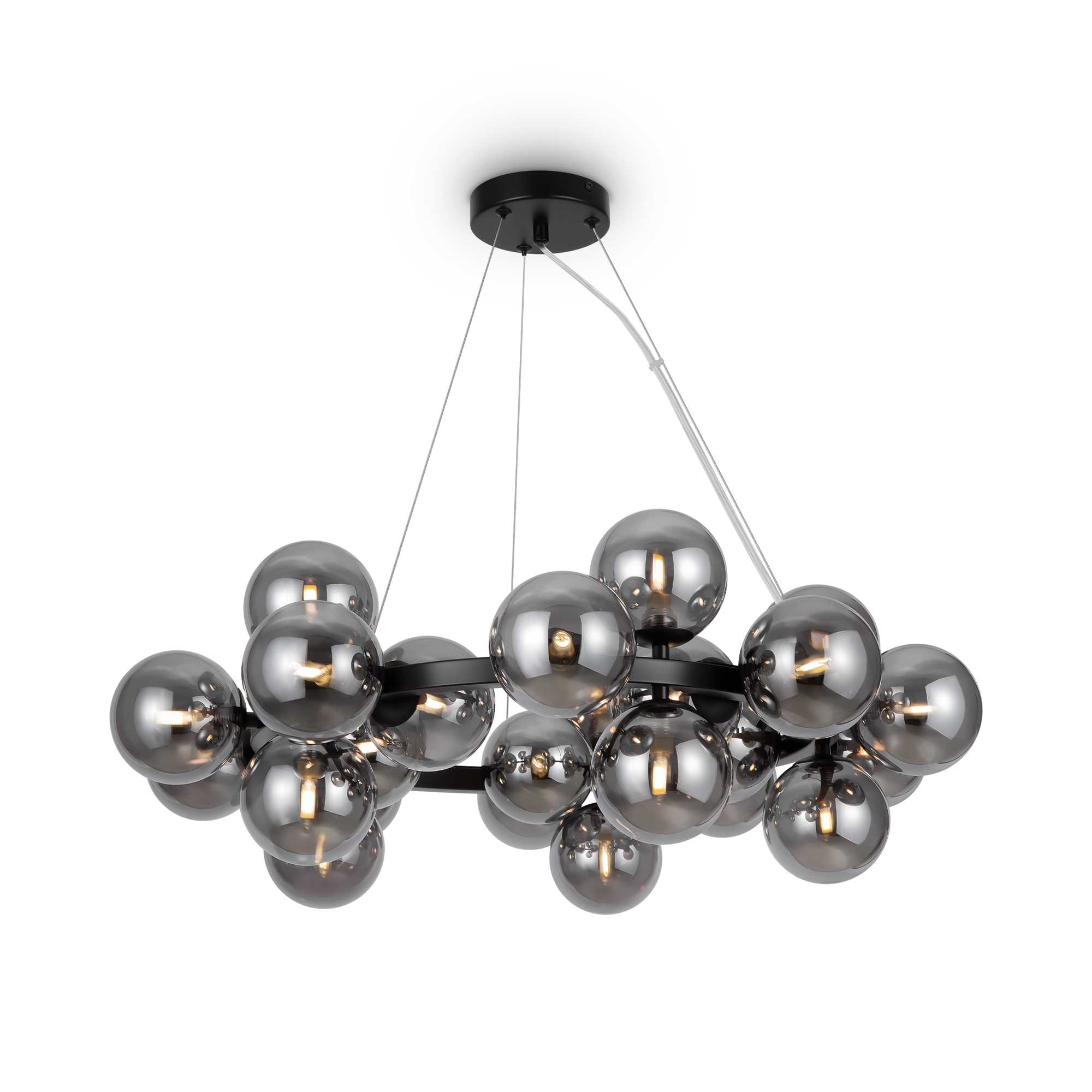 Dallas 25 Lamp Bubble Chandelier, Smoked Glass, Black Metal, 69cm Wide