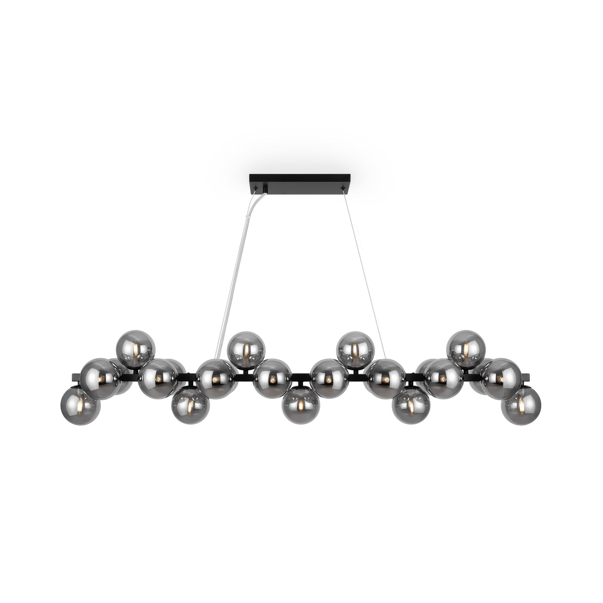 Dallas 25 Lamp Linear Pendant Light, Smoked Glass, Black Metal, 125.cm Length