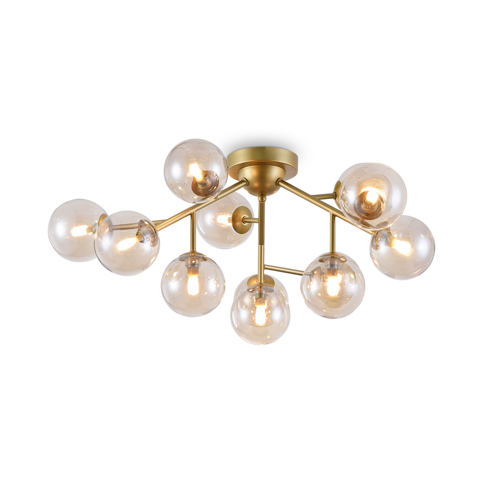Dallas 12 Lamp Ceiling Light, Amber Glass, Gold Metal, 60cm Wide