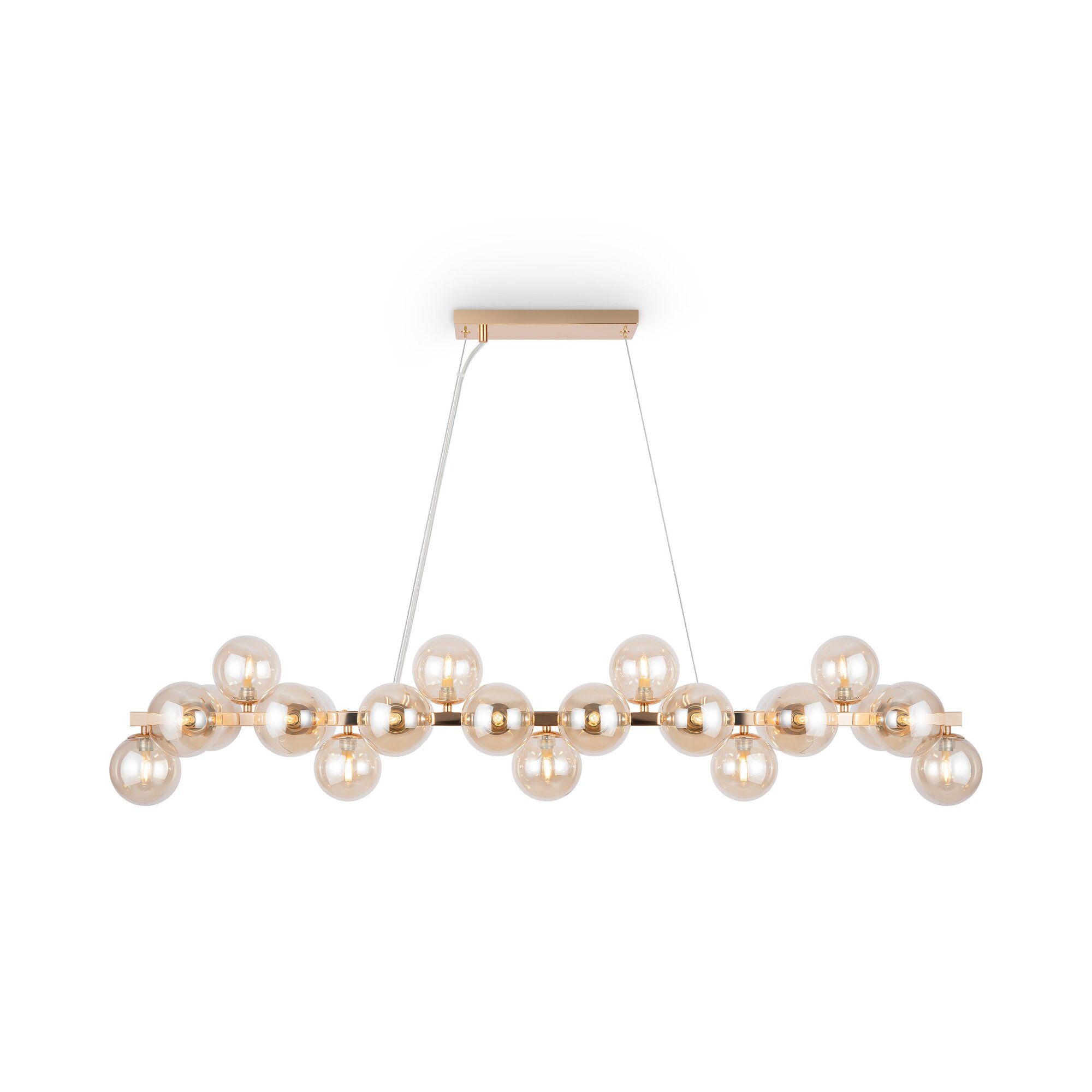 Dallas 25 Light Pendant Lamp, Amber Glass, Gold Metal, 123.5cm Wide