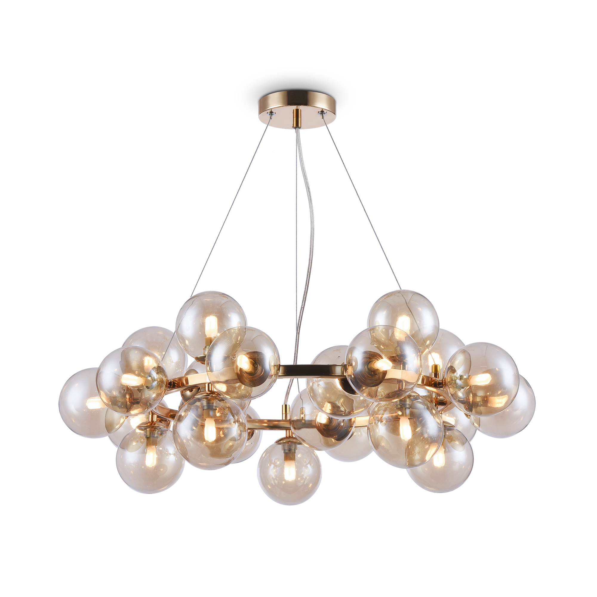 Dallas Bubble Chandelier, Amber Glass, 25 Lamp, Gold Metal, 69cm Wide