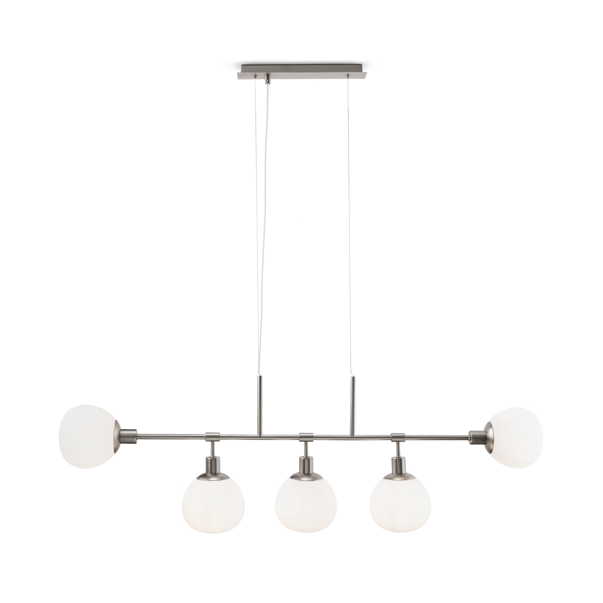 Erich Bar Pendant Light, 5 Lamp, Nickel Metal, Opal Glass, 120cm Wide