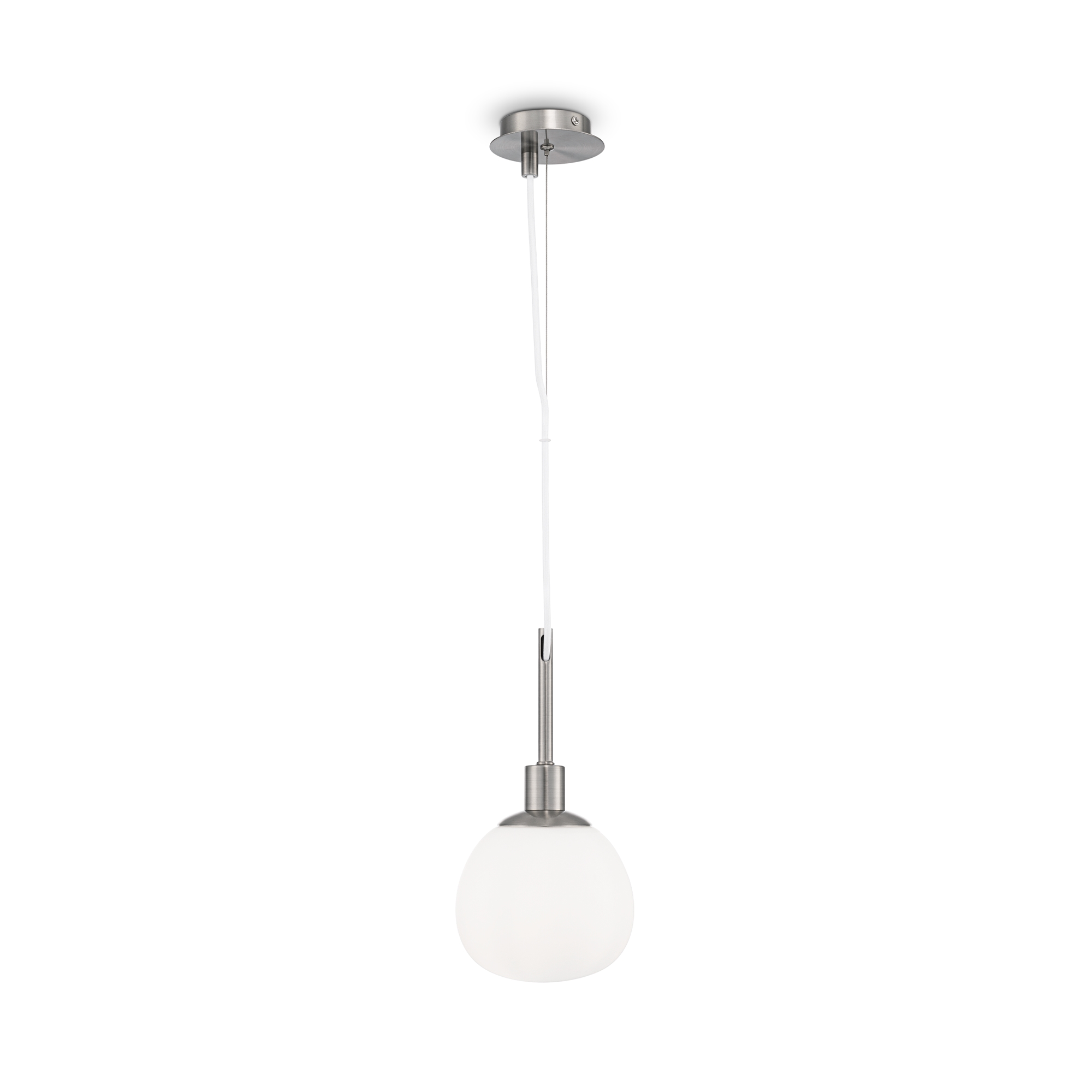 Erich Single Pendant Light, Nickel Metal, Opal Glass, 15cm Wide