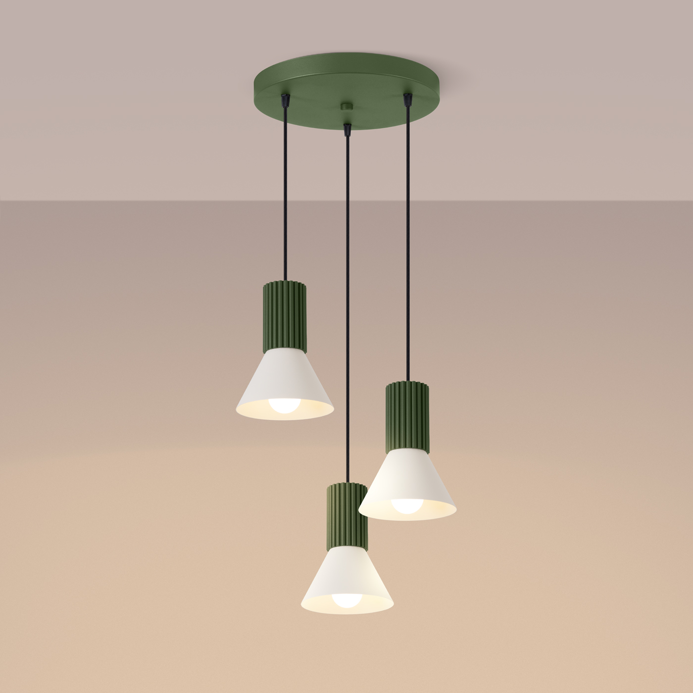 Vestra Olive Green 3 Light Pendant Light, White Shades, Metal, 30cm Diameter