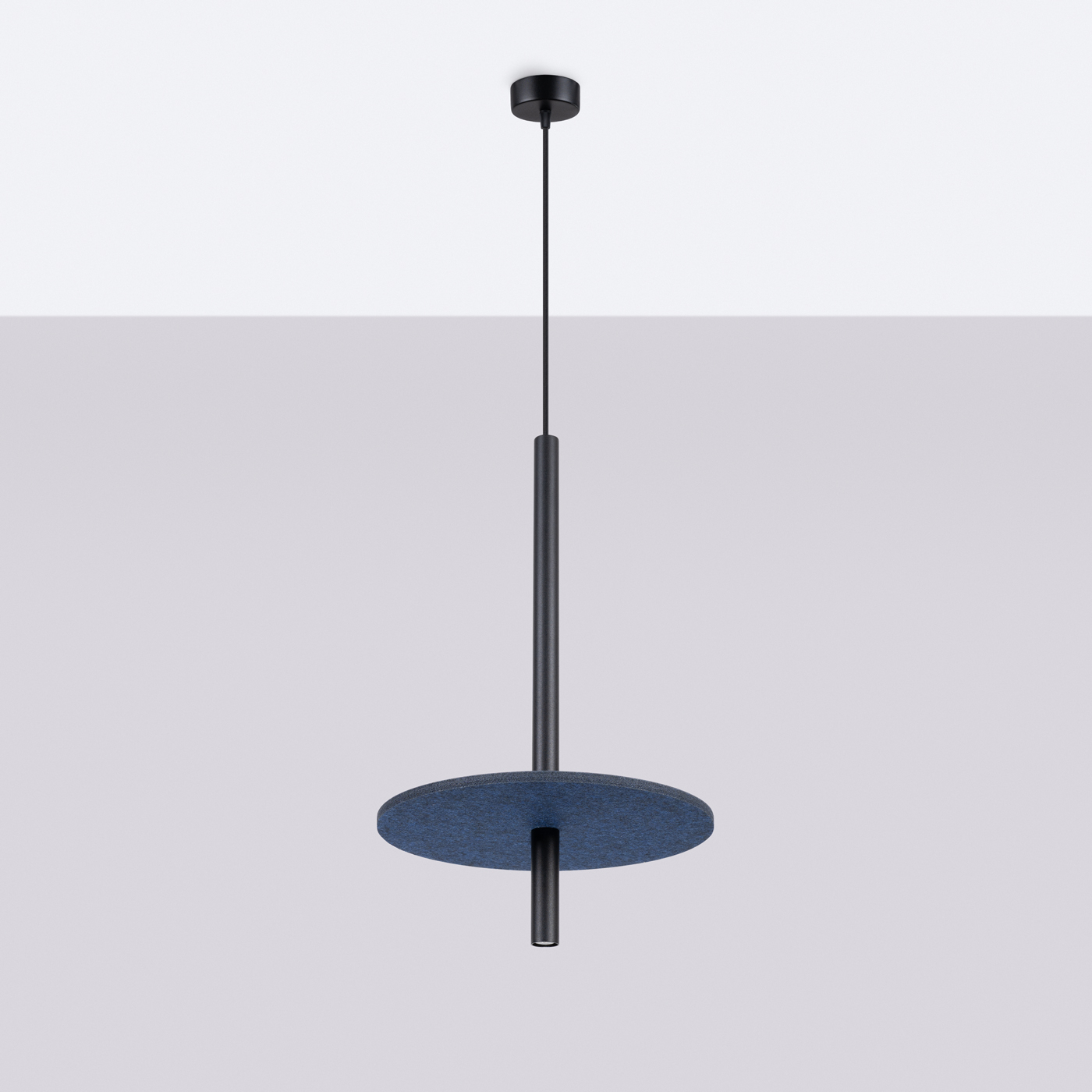 Felora Navy Blue Long Pendant Lamp, Black Metal Cylinder, Felt Shade, 30cm Diameter