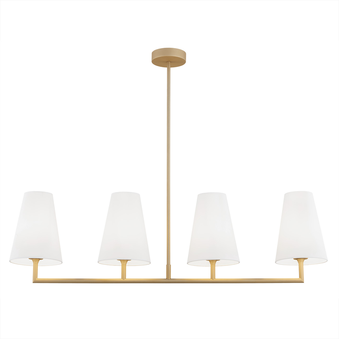 Fiano Pendant Light, 4 Lamp Linear Frame, Gold, White Lampshades, 106cm