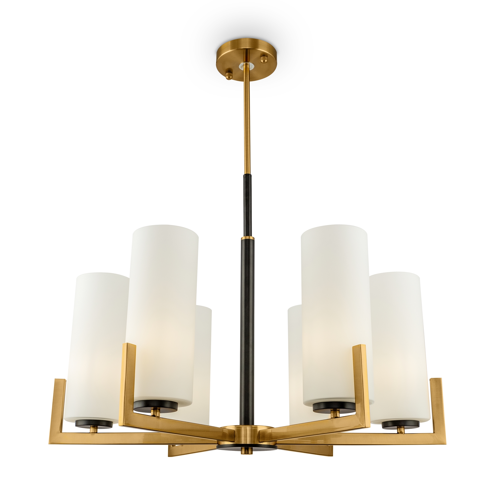 Fortano 6 Lamp Chandelier, Black & Brass Metal, White Shades, 67cm Wide