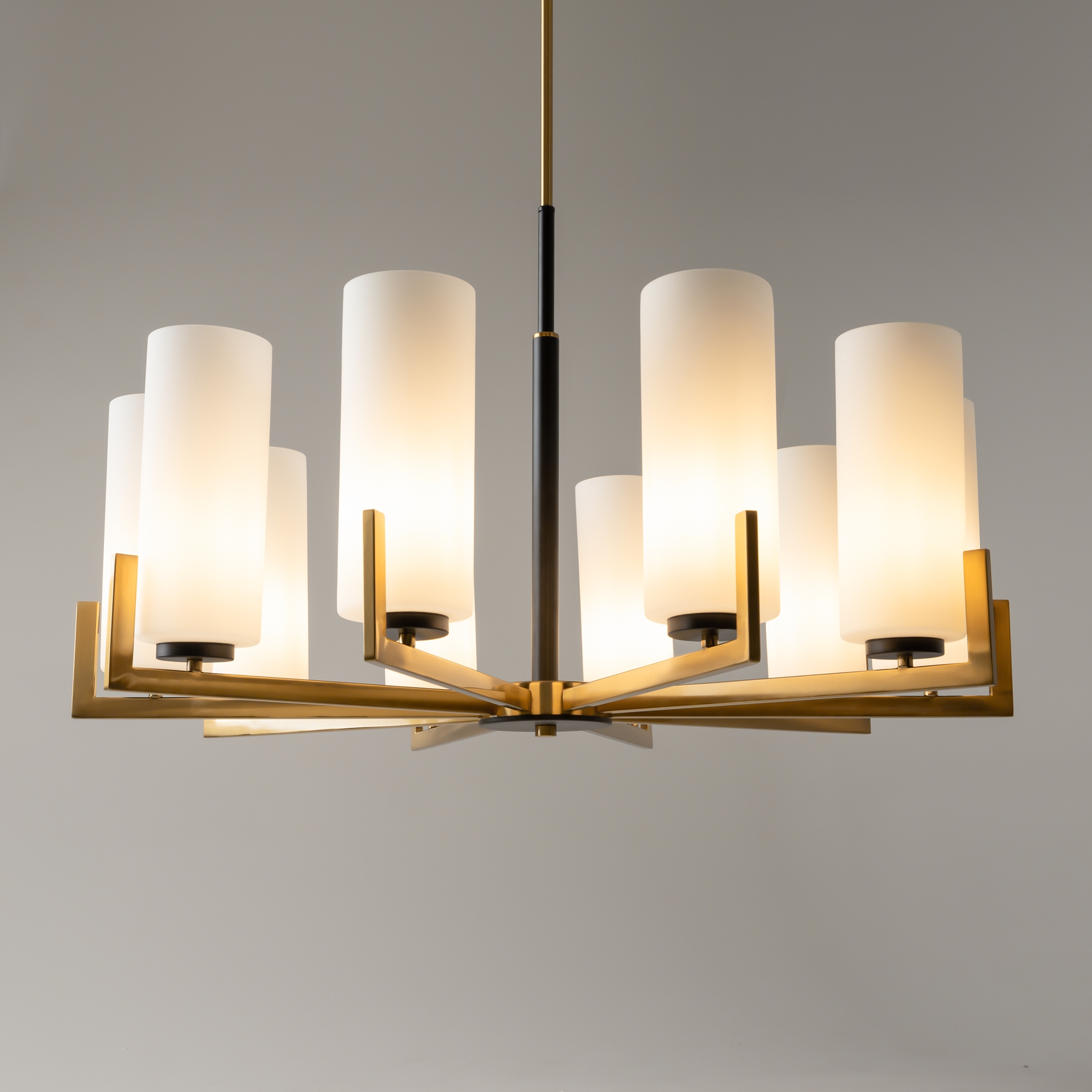Fortano 10 Light Chandelier, Black & Brass Metal, White Shades, 86cm Wide