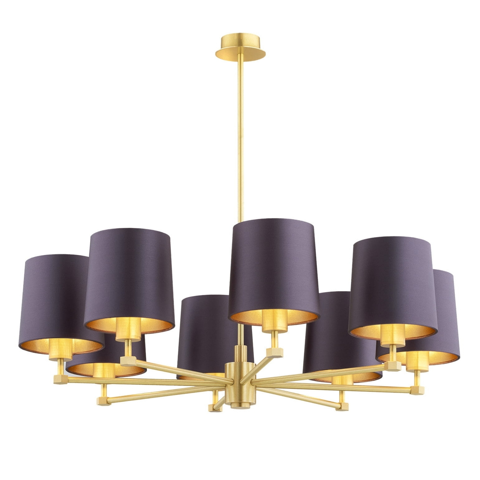 Ceton 8 Light Chandelier, Brass, Plum Purple Fabric Shades, 84cm Width