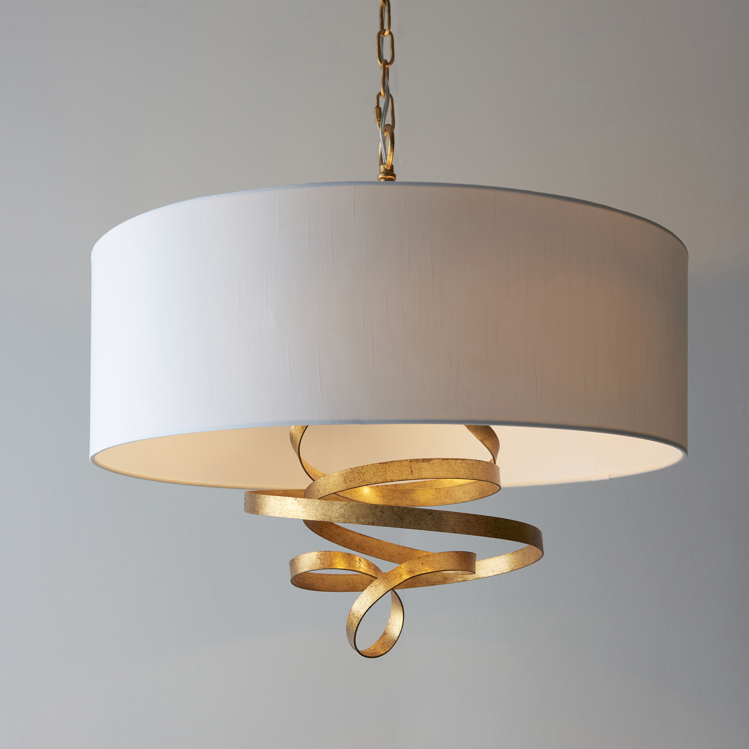 Ludu Pendant Light, Gold, 3 Lamp, Ivory Drum Shade, 60cm