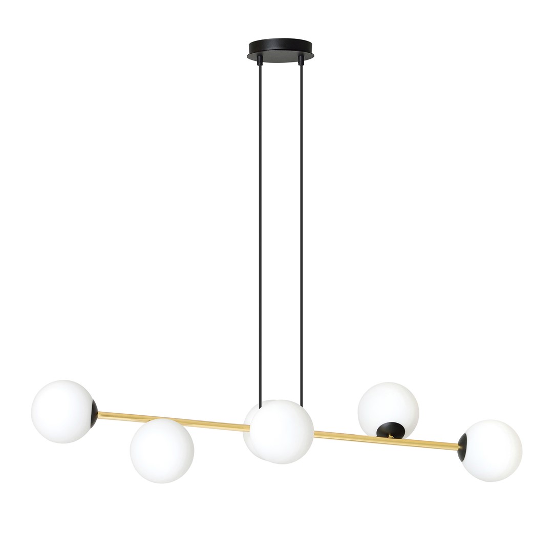 Gravita 6 Light Pendant Lamp, Gold, Black, Opal Glass, 110cm