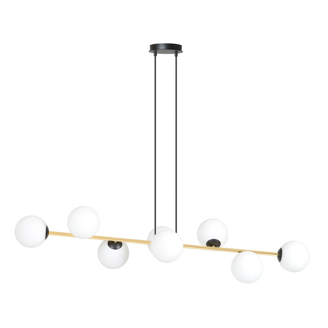 Gravita 8 Lamp Pendant Light, Gold, Black, Opal Glass, 140cm