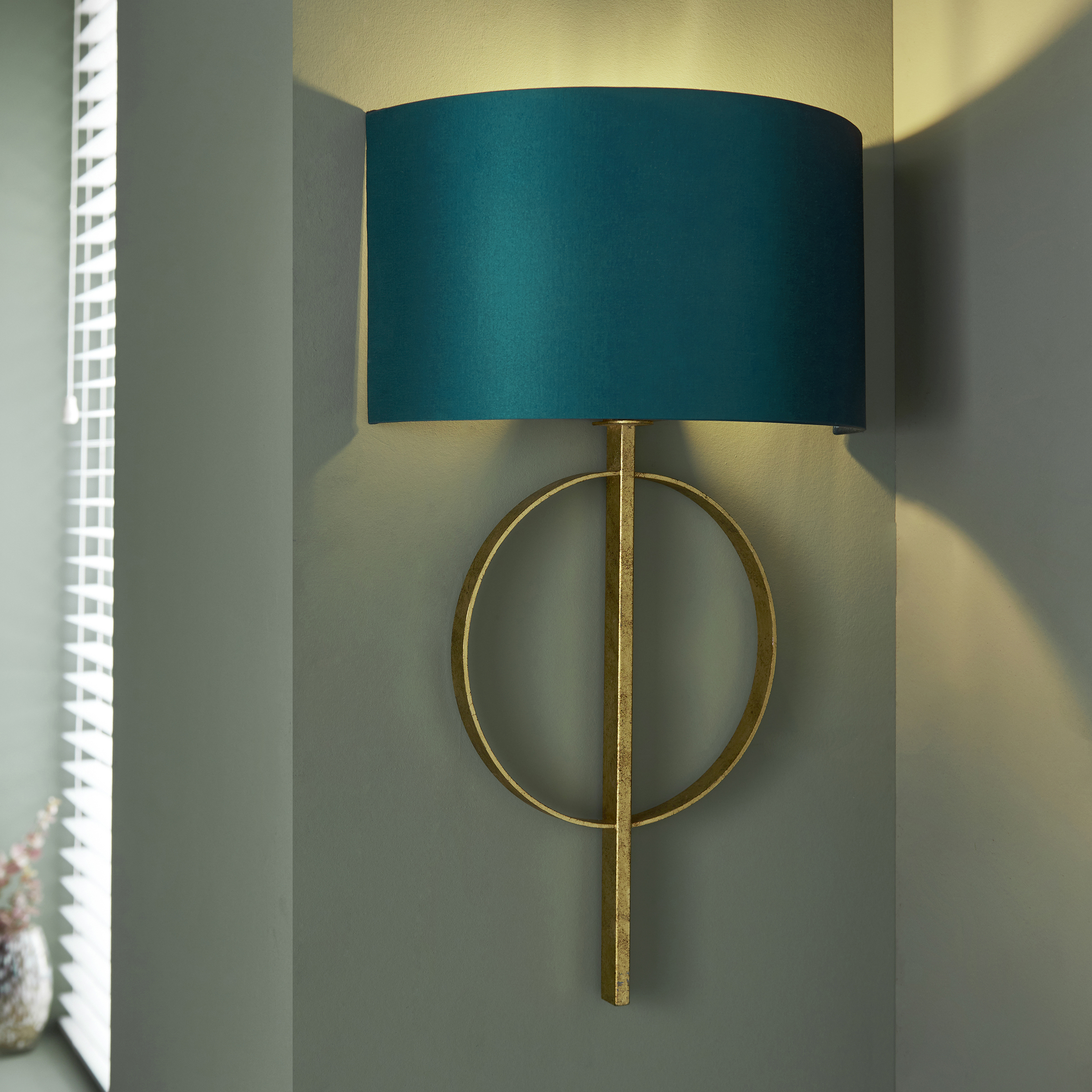 Oratio Wall Lamp, Gold Leaf, Teal Fabric Shade