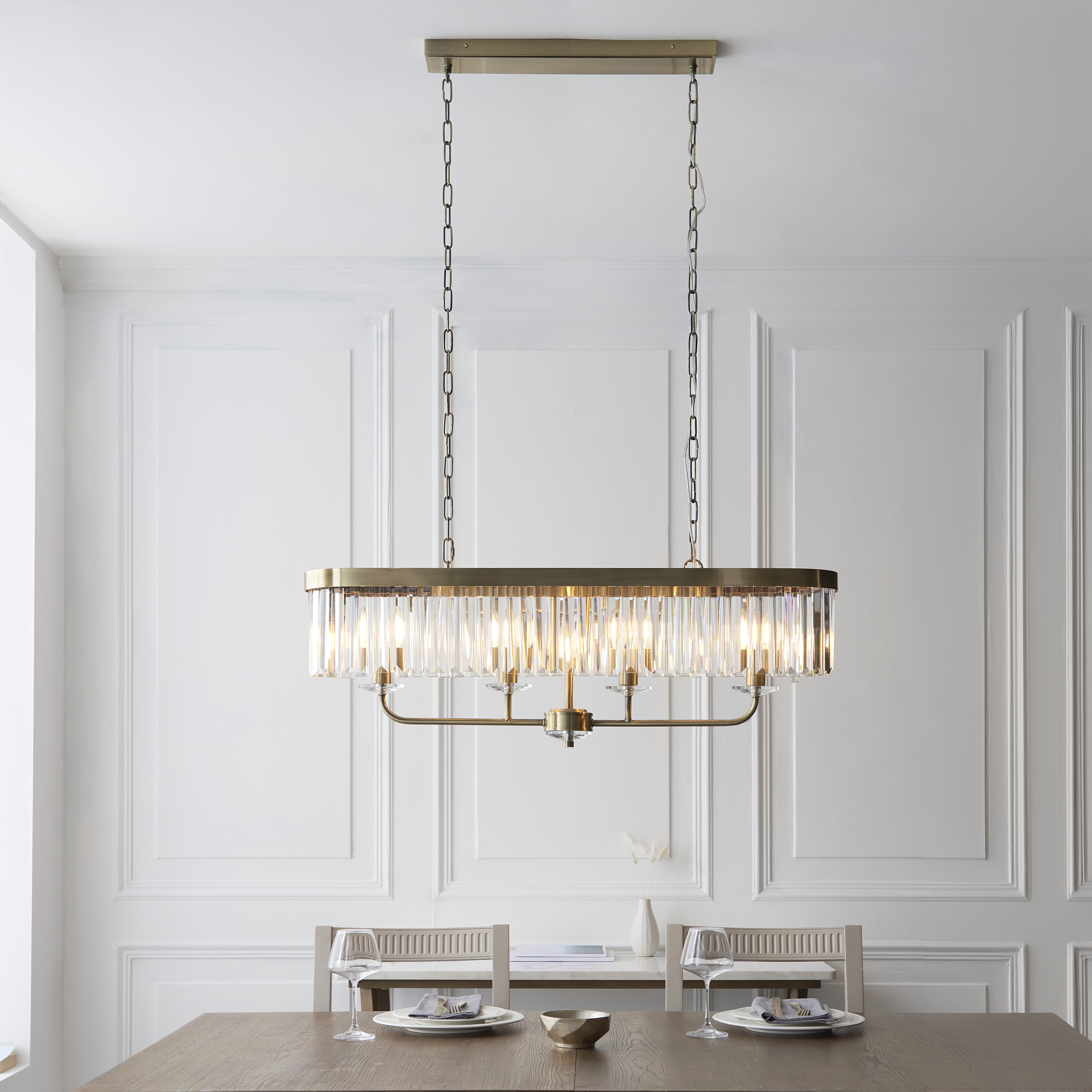 Quasar Pendant Lamp, 4 Light, Antique Brass, Glass, 89cm Length