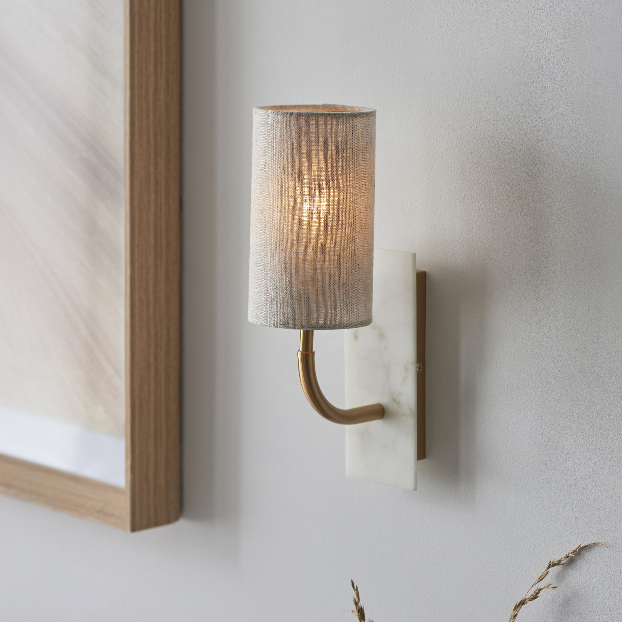 Adara Curved Arm Wall Light, Brass, Marble, Natural Lampshade