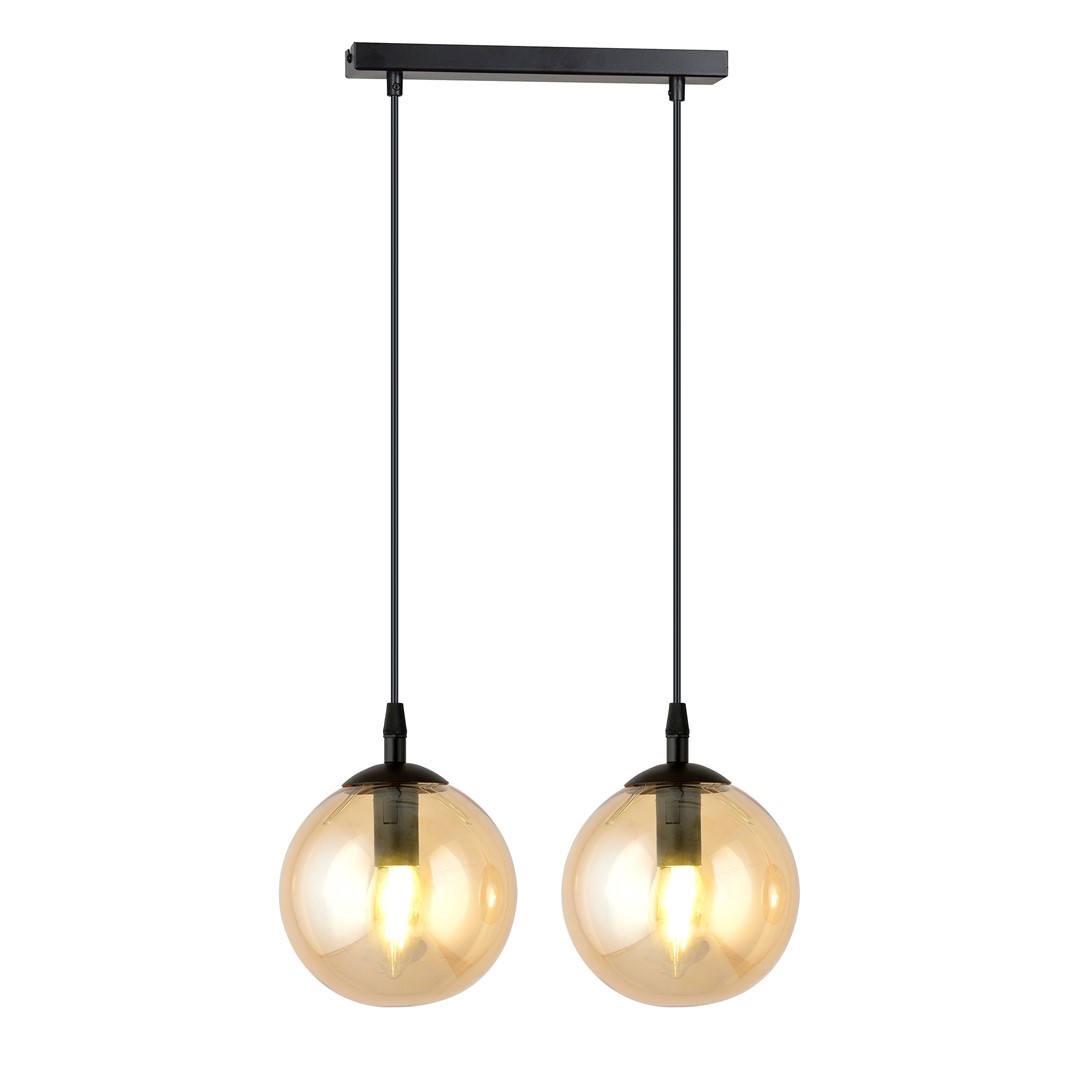 Kosmos 2 Light Pendant Lamp, Black Steel, Amber Glass, 40cm